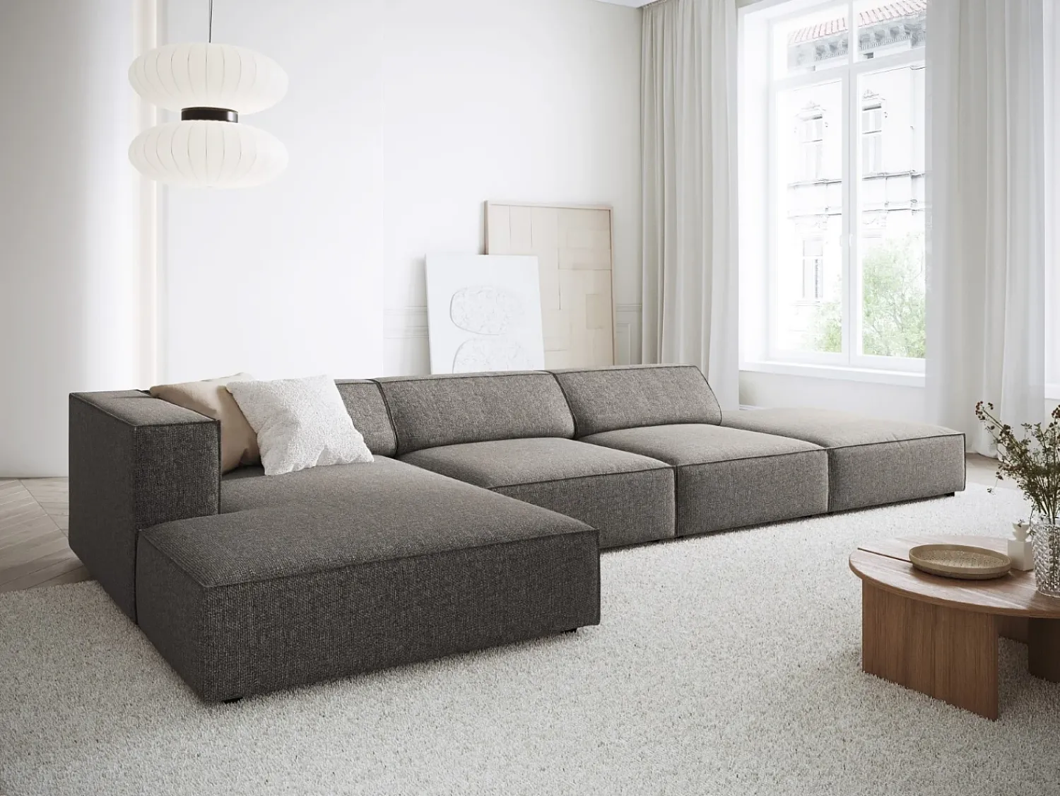 Sofá|Cosmopolitan Design - Sofá de canto esquerdo "Arendal" 5 lugares em tecido chenille cinza - 341x166x70cm Cinzento