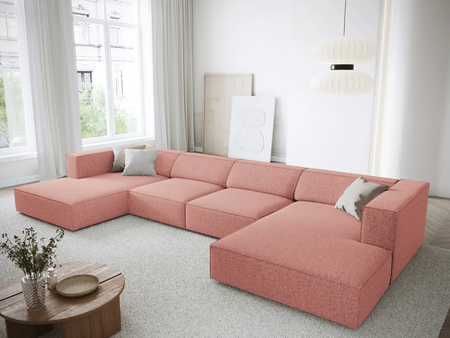 Cosmopolitan Design - Sofá panorâmico "Arendal" 6 lugares em tecido chenille - 364x166x70cm^ Sofá