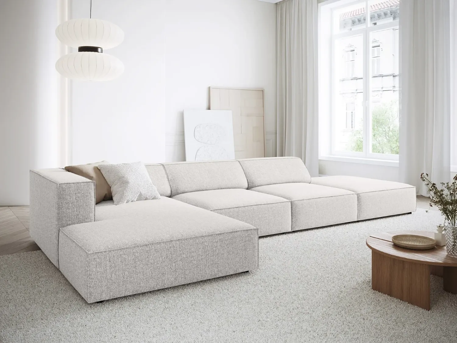 Sofá*Cosmopolitan Design - Sofá de canto esquerdo "Arendal" 5 lugares em tecido chenille cinza claro - 341x166x70cm Cinzento claro