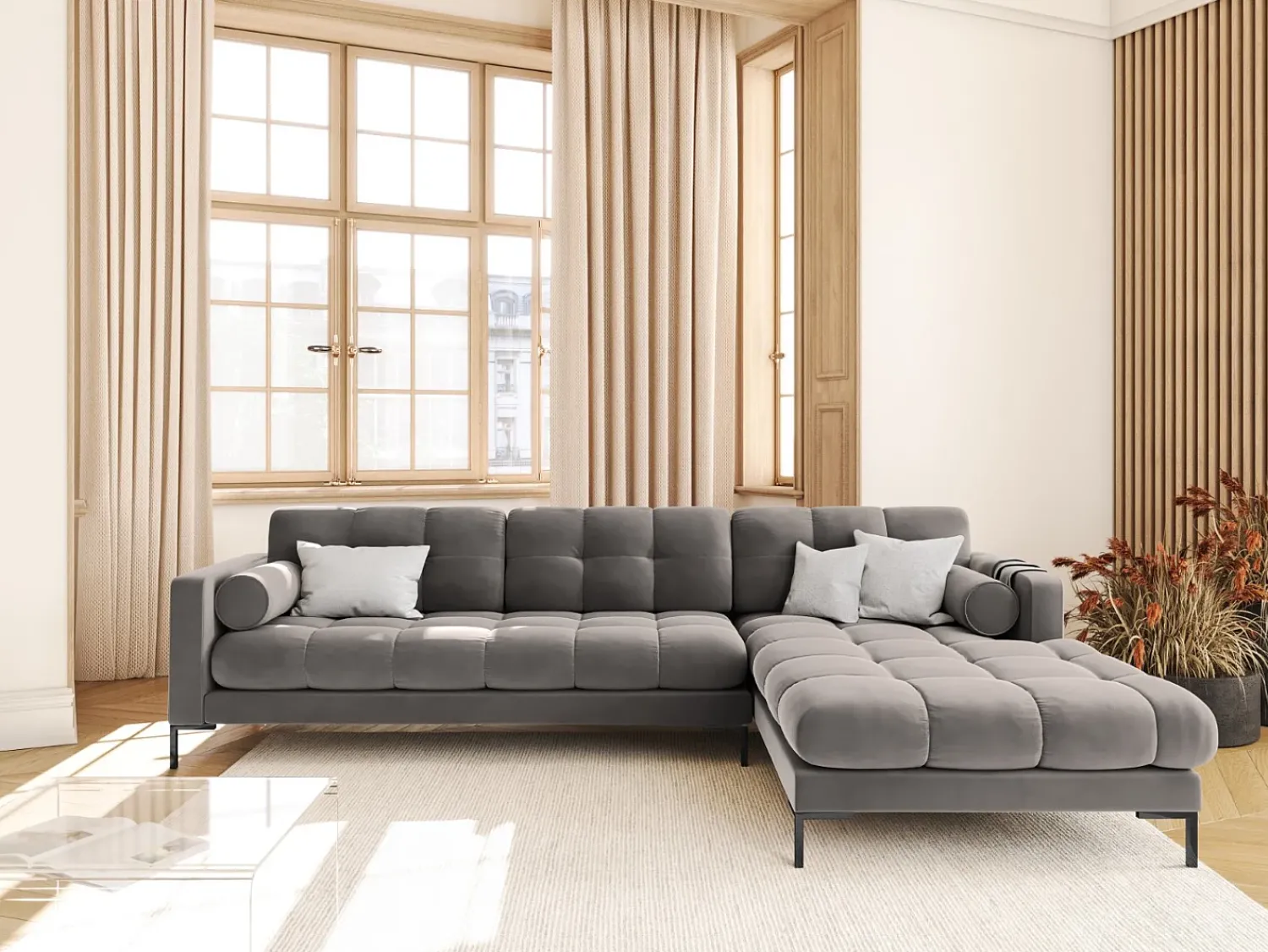 Sofá|Cosmopolitan Design - Sofá de canto direito "Bali" 5 lugares em veludo cinza claro - 293x185x75cm Cinzento claro