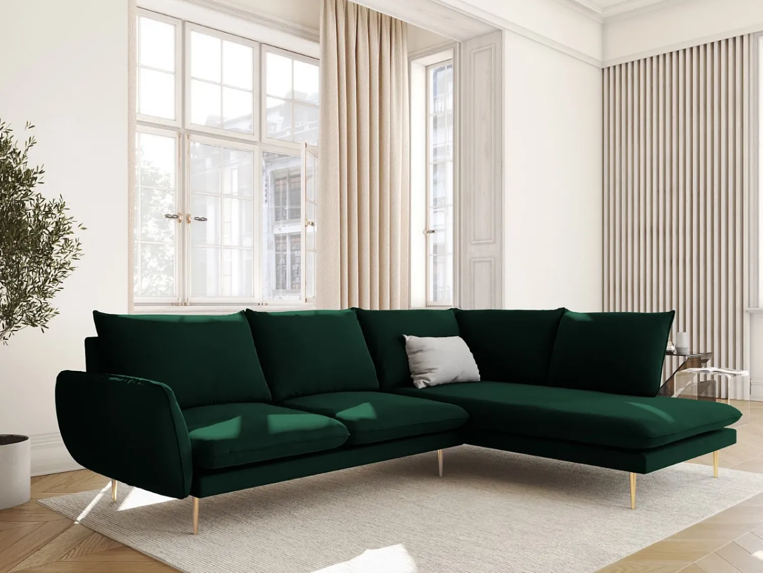 Sofá|Cosmopolitan Design - Sofá de canto direito "Vienna" 6 lugares em veludo verde garrafa - 275x185x95cm Verde pinho