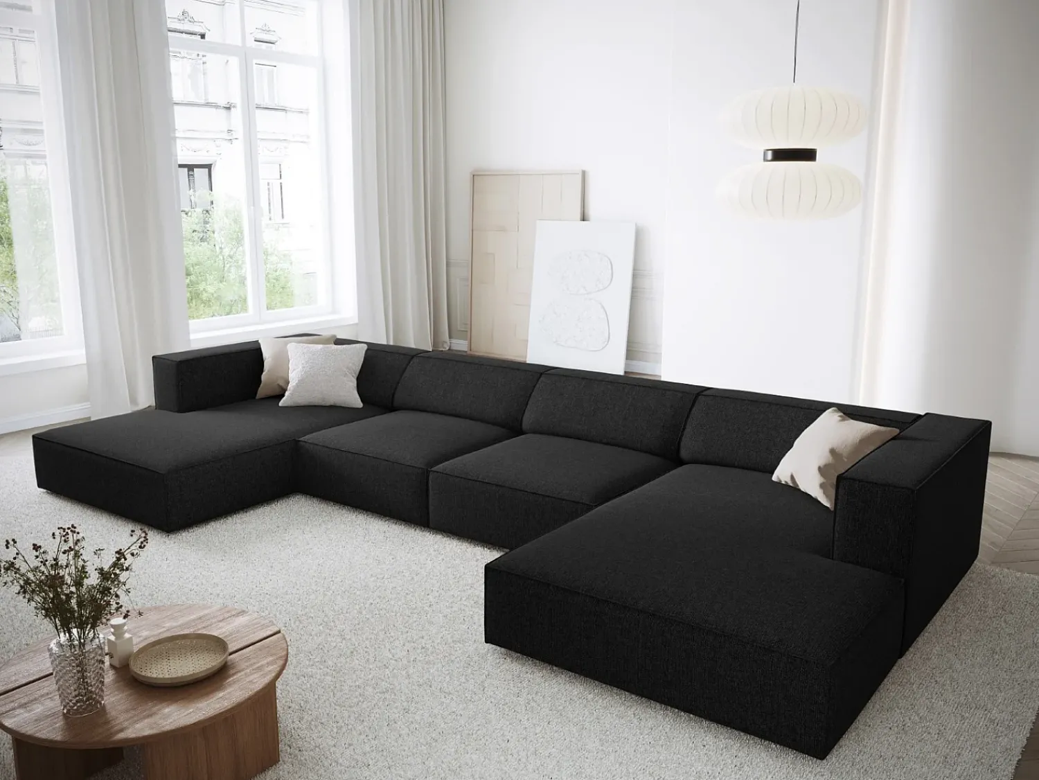 Cosmopolitan Design - Sofá panorâmico "Arendal" 6 lugares em tecido chenille - 364x166x70cm^ Sofá