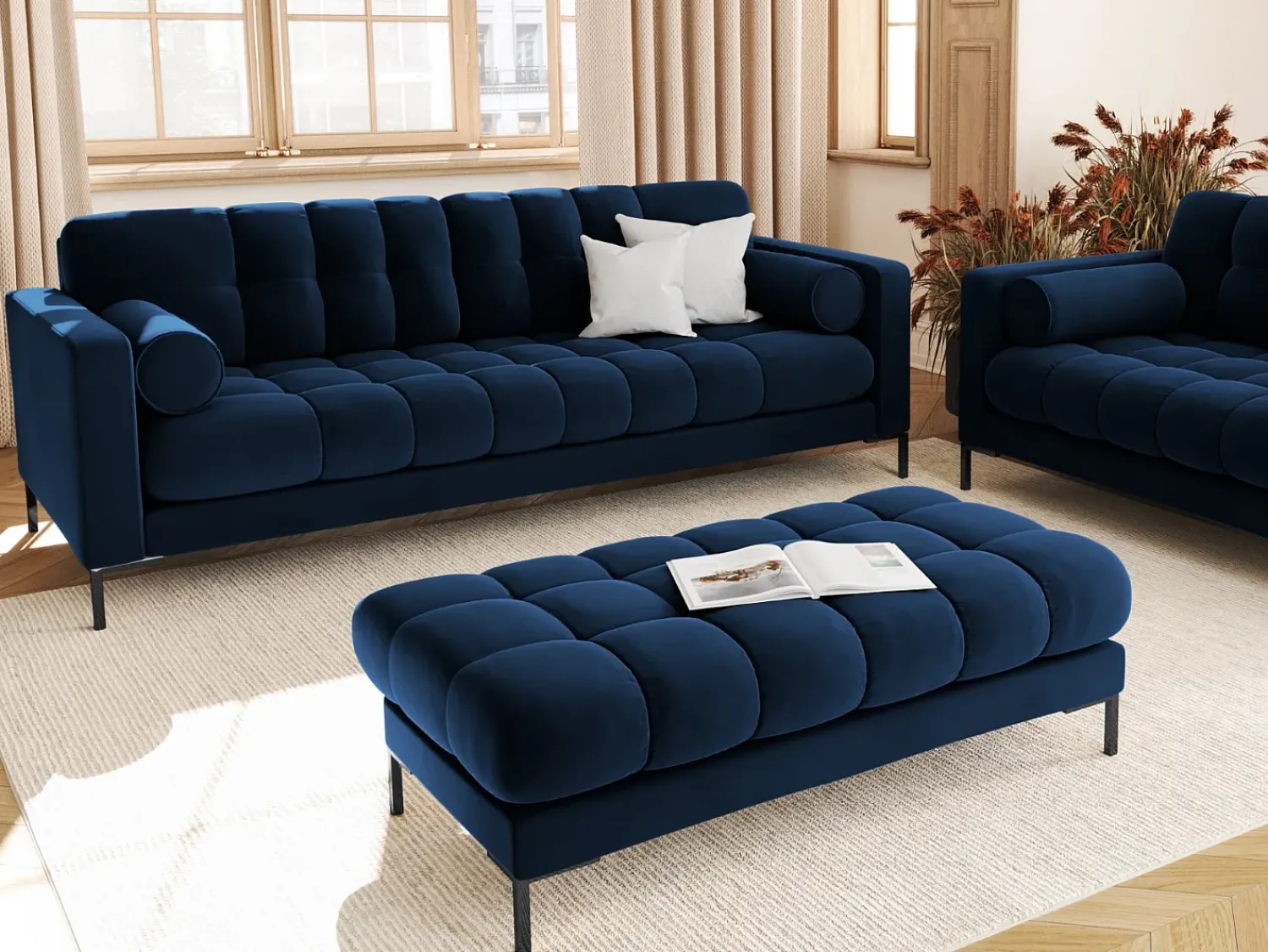 Sofá|Cosmopolitan Design - Sofá "Bali" 3 lugares em veludo azul real - 177x92x75cm Azul escuro