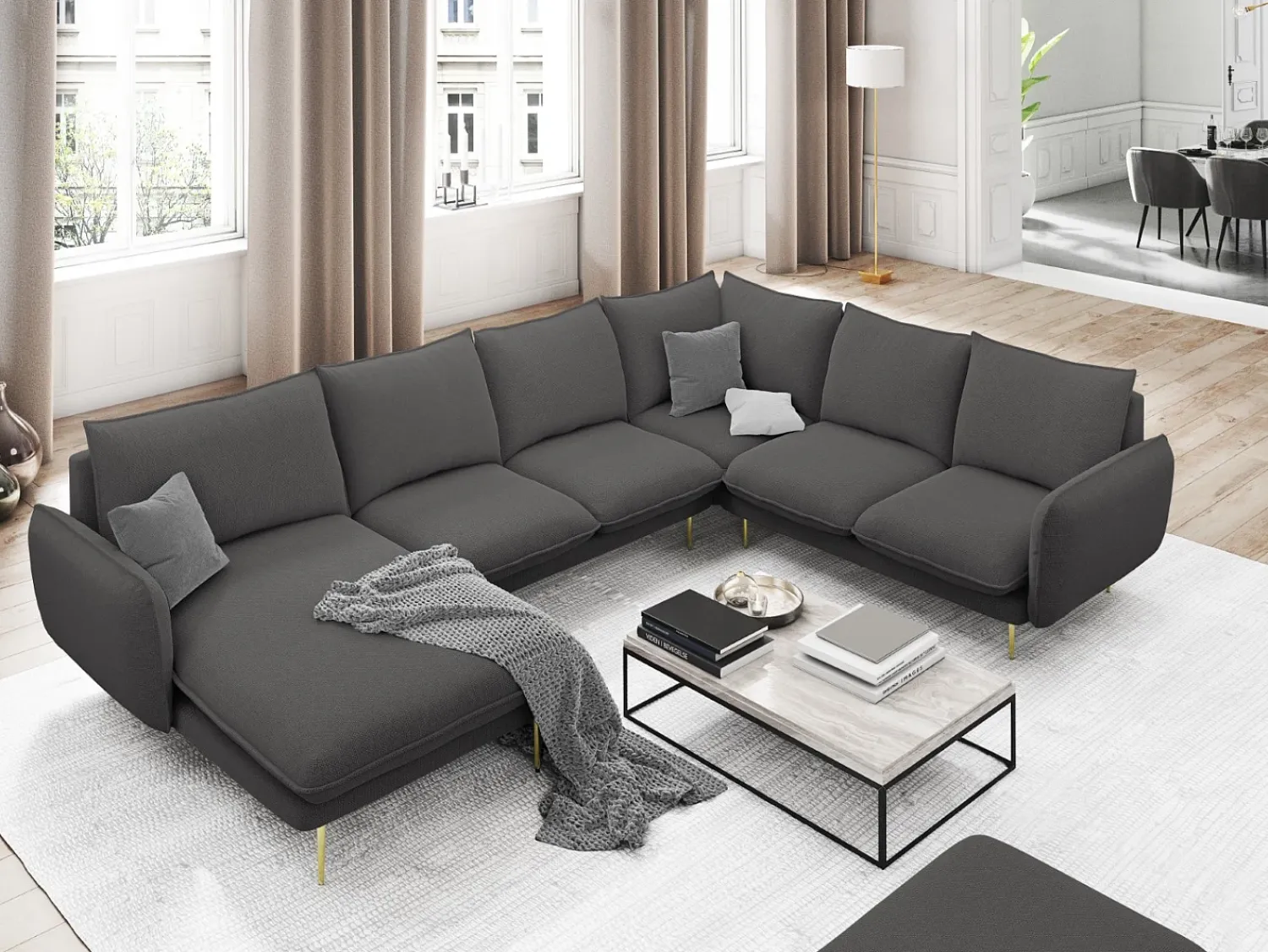 New Cosmopolitan Design - Sofá de canto direito panorâmico "Vienna" 7 lugares em tecido estrutural cinza escuro - 330x235x95cm Cinza antracite