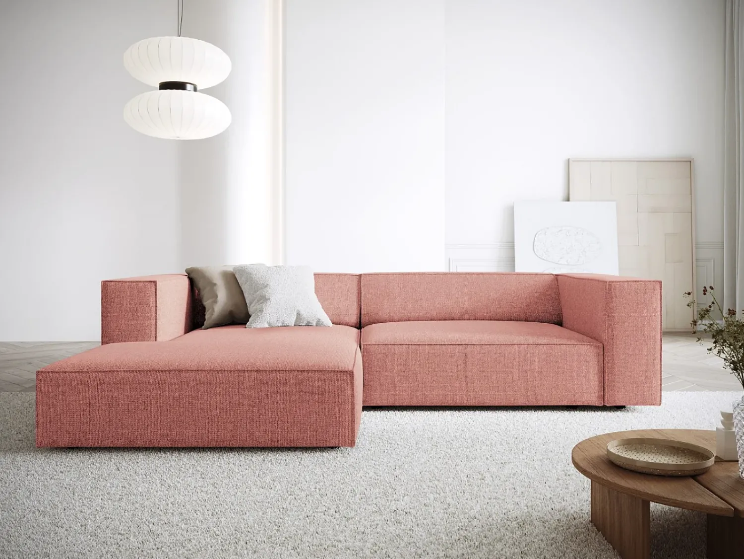 Sofá*Cosmopolitan Design - Sofá de canto esquerdo "Arendal" 3 lugares em tecido chenille - 224x166x70cm Rosa