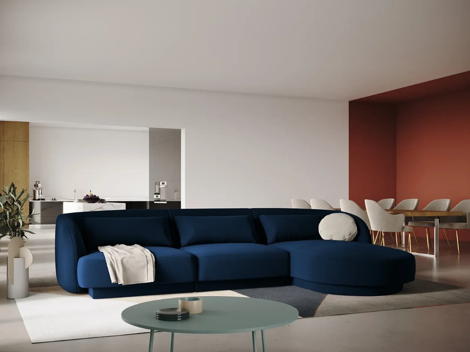 Sofá|Cosmopolitan Design - Sofá de canto direito "Tulum" 4 lugares em veludo azul real - 255x156x70cm Azul escuro