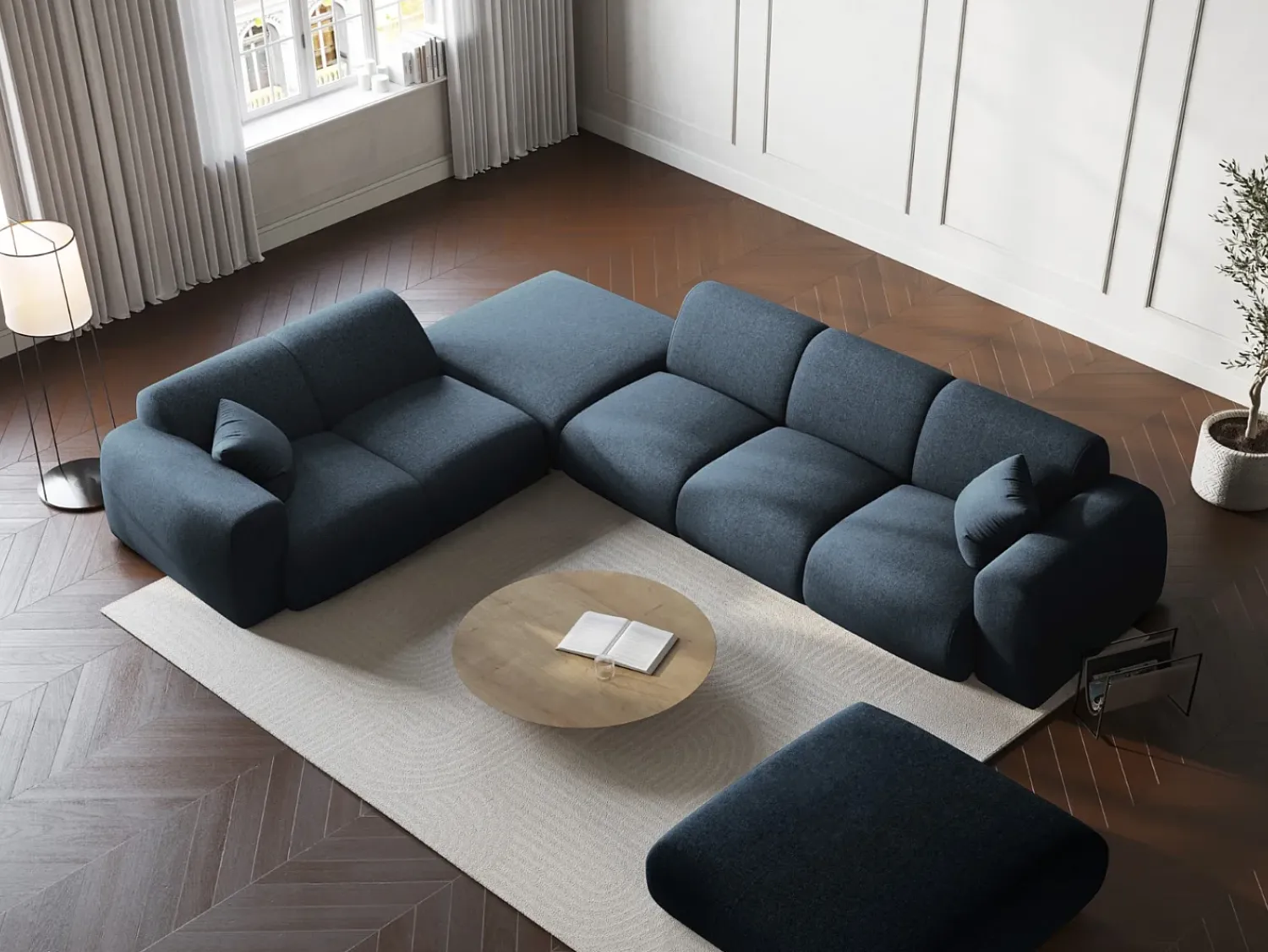 Sofá*Cosmopolitan Design - Sofá de canto esquerdo "Nolio" 4 lugares em tecido chenille azul real - 315x250x72cm Azul escuro