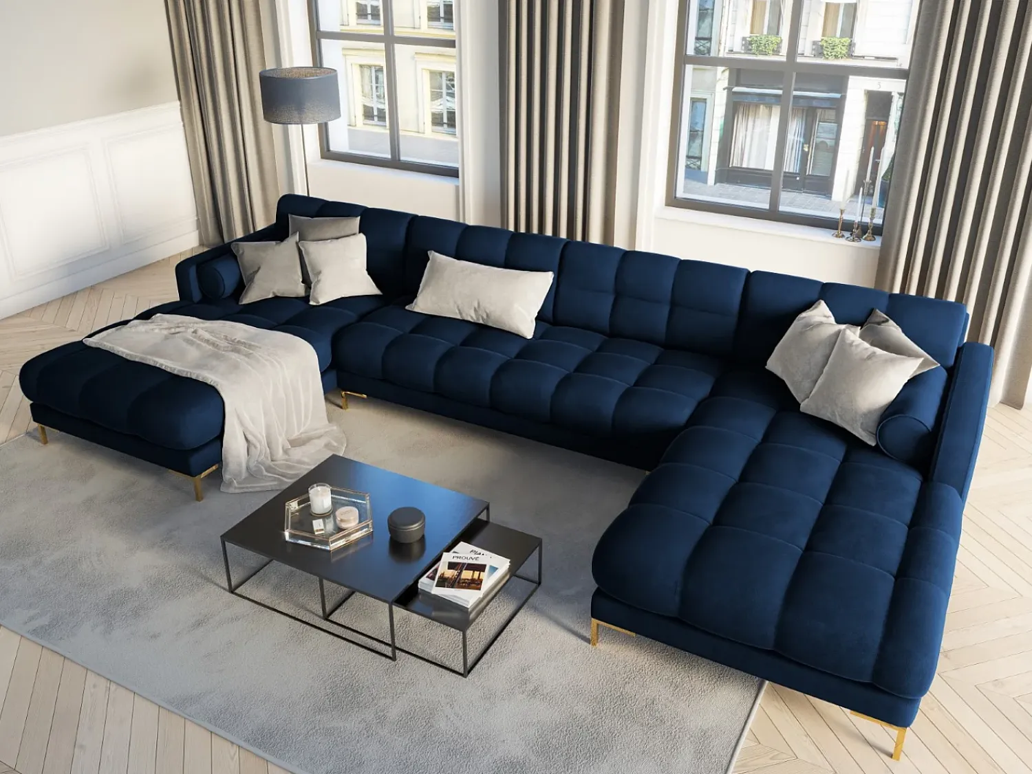Sofá*Cosmopolitan Design - Sofá panorâmico "Bali" 7 lugares em veludo azul real - 383x185x75cm Azul escuro