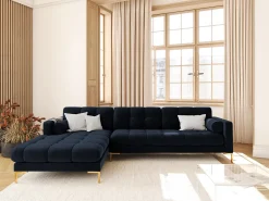 Cosmopolitan Design - Sofá de canto esquerdo "Bali" 5 lugares em veludo - 293x185x75cm Azul escuro