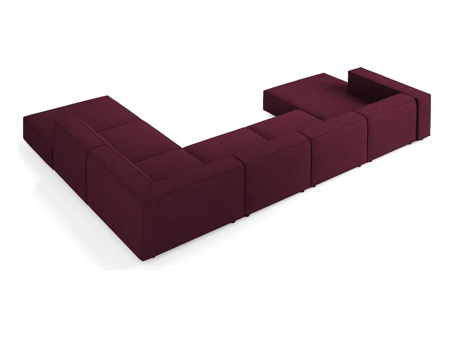 Discount Cosmopolitan Design - Sofá de canto direito panorâmico "Arendal" 7 lugares em tecido chenille com efeito canelado rubi - 364x262x70cm Vermelho