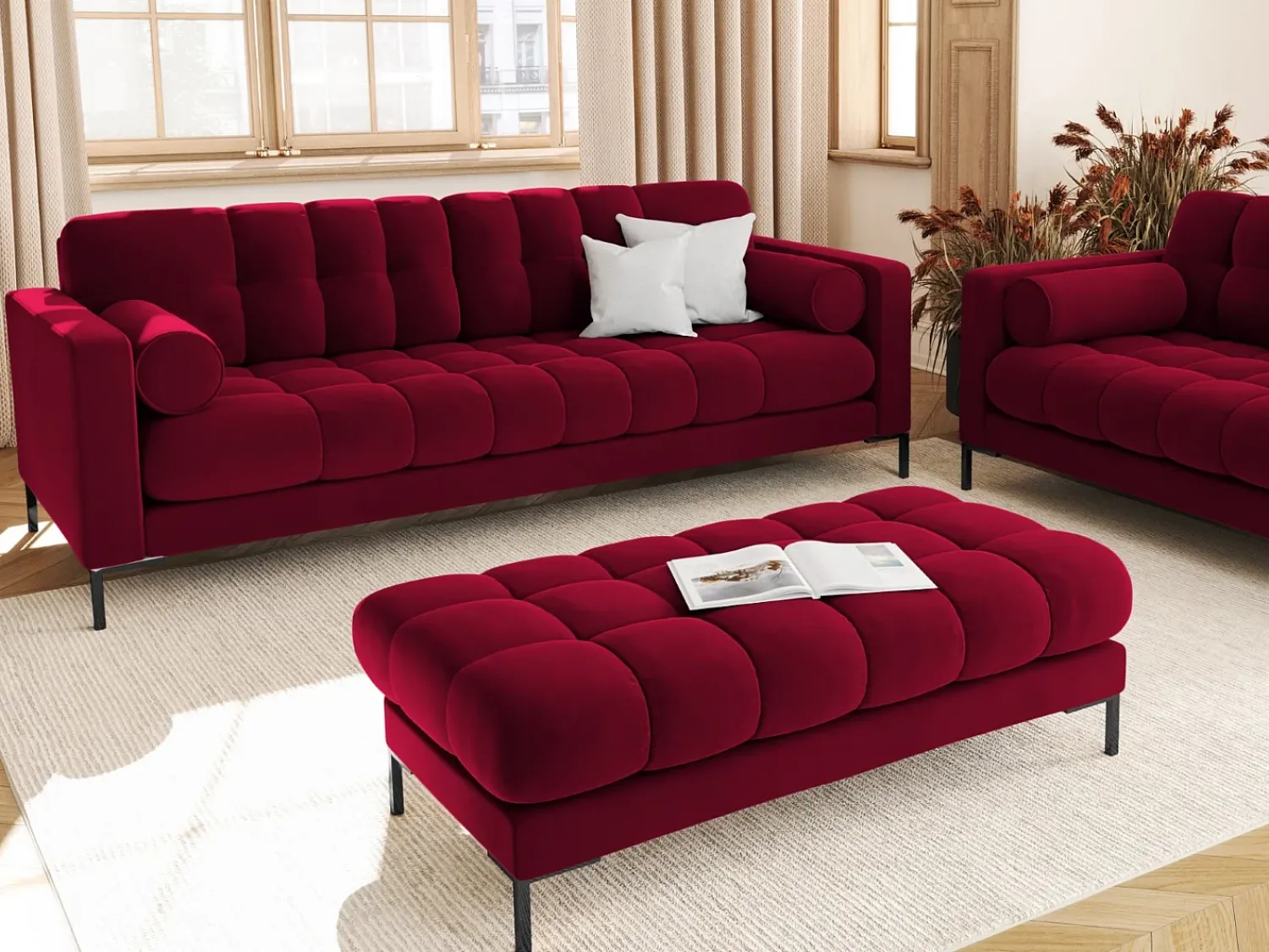 Sofá|Cosmopolitan Design - Sofá "Bali" 4 lugares em veludo - 217x92x75cm Vermelho