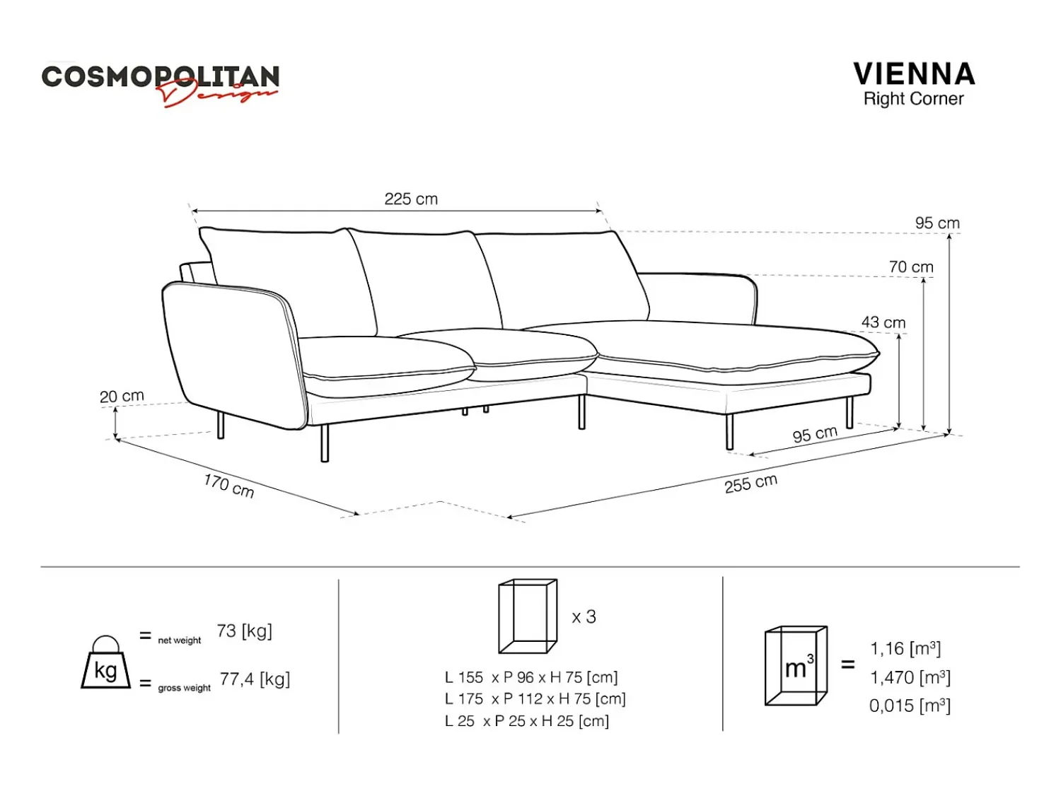 Sofá|Cosmopolitan Design - Sofá de canto direito "Vienna" 5 lugares em veludo - 255x170x95cm Azul claro
