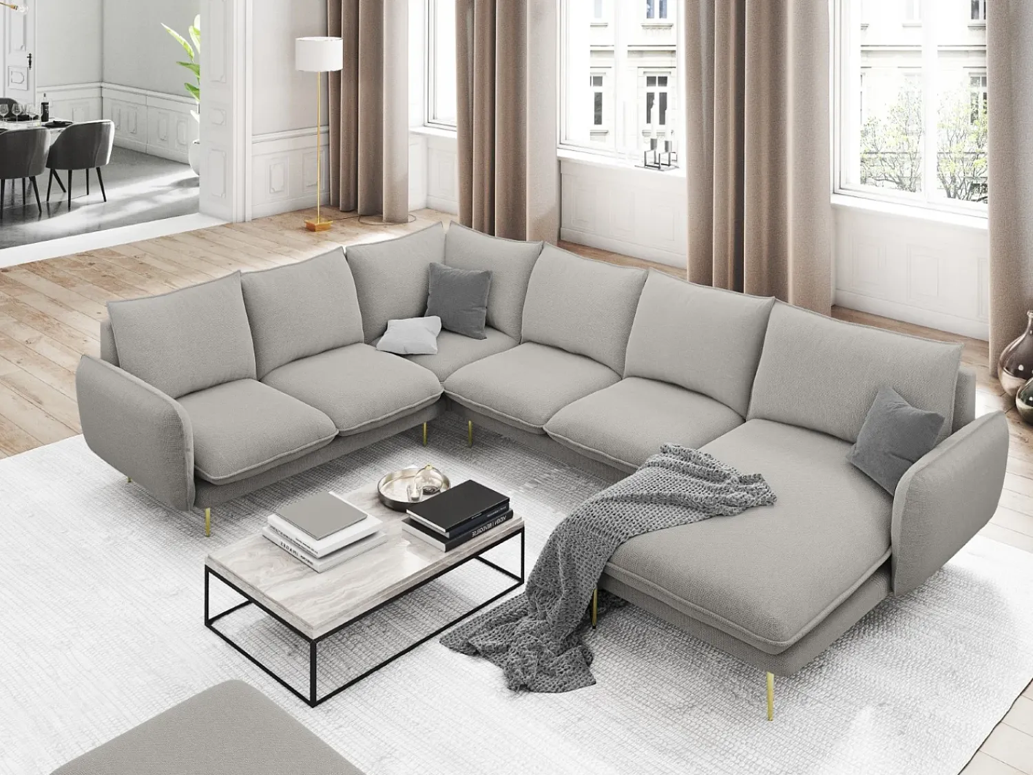 Sofá*Cosmopolitan Design - Sofá de canto panorâmico à esquerda "Vienna" 7 lugares em tecido estrutural cinza claro - 330x235x95cm Cinzento claro