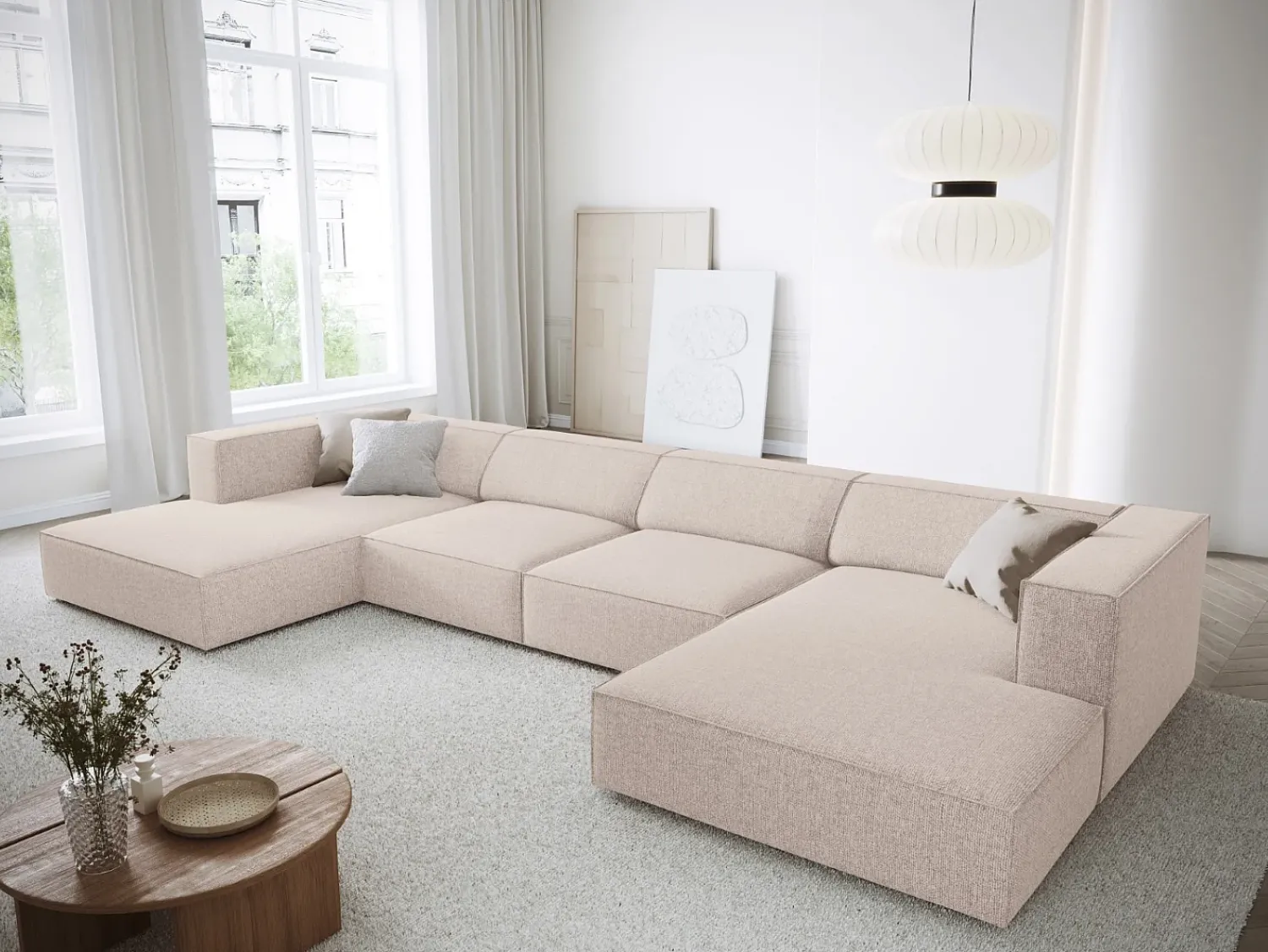 Sofá*Cosmopolitan Design - Sofá panorâmico "Arendal" 6 lugares em tecido chenille - 364x166x70cm Bege
