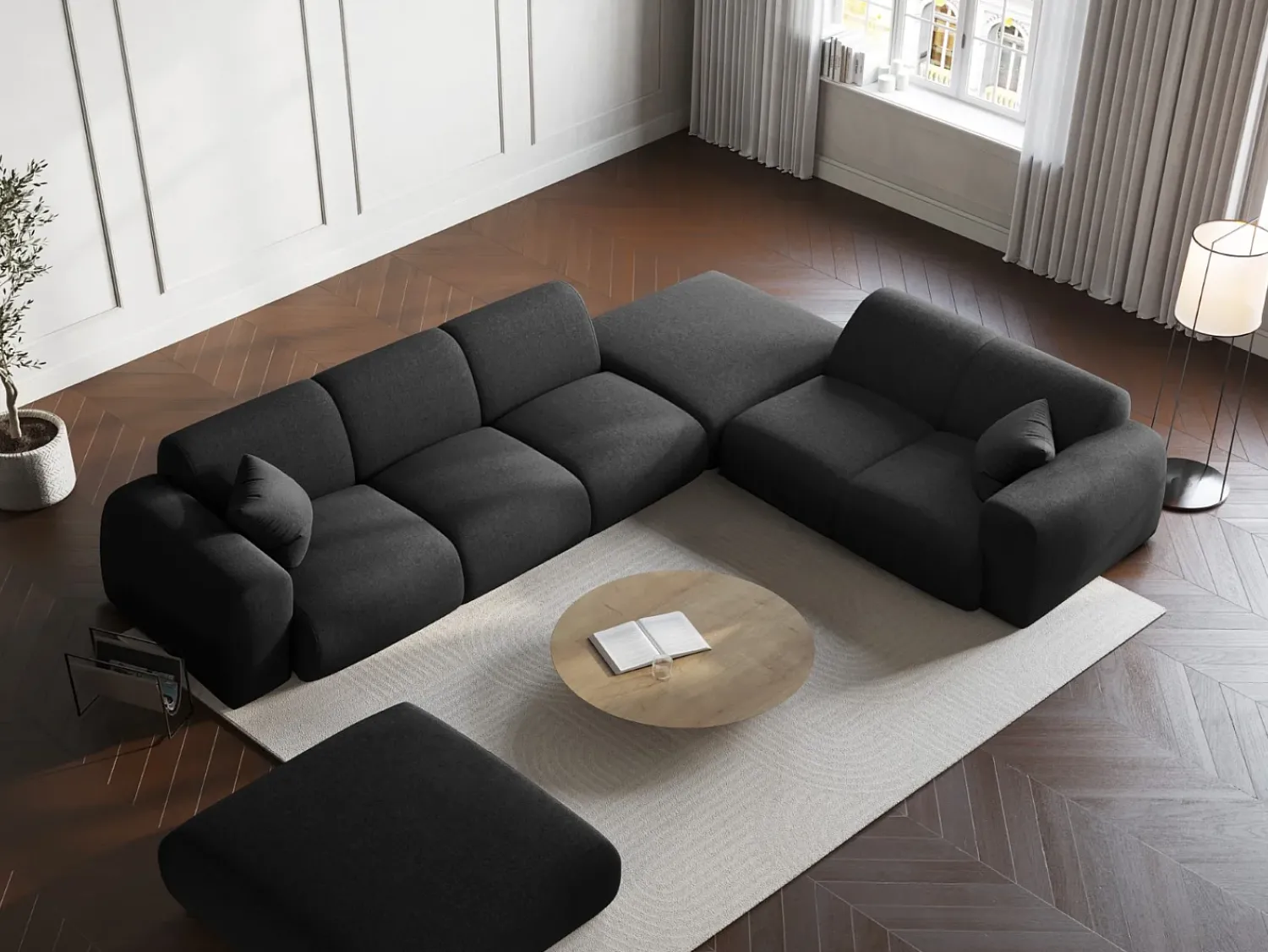 Sofá*Cosmopolitan Design - Sofá de canto direito "Nolio" 4 lugares em tecido chenille - 315x250x72cm Preto