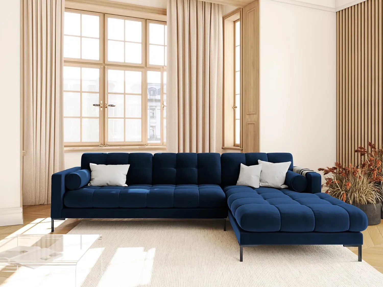 Cosmopolitan Design - Sofá de canto direito "Bali" 5 lugares em veludo azul real - 293x185x75cm^ Sofá
