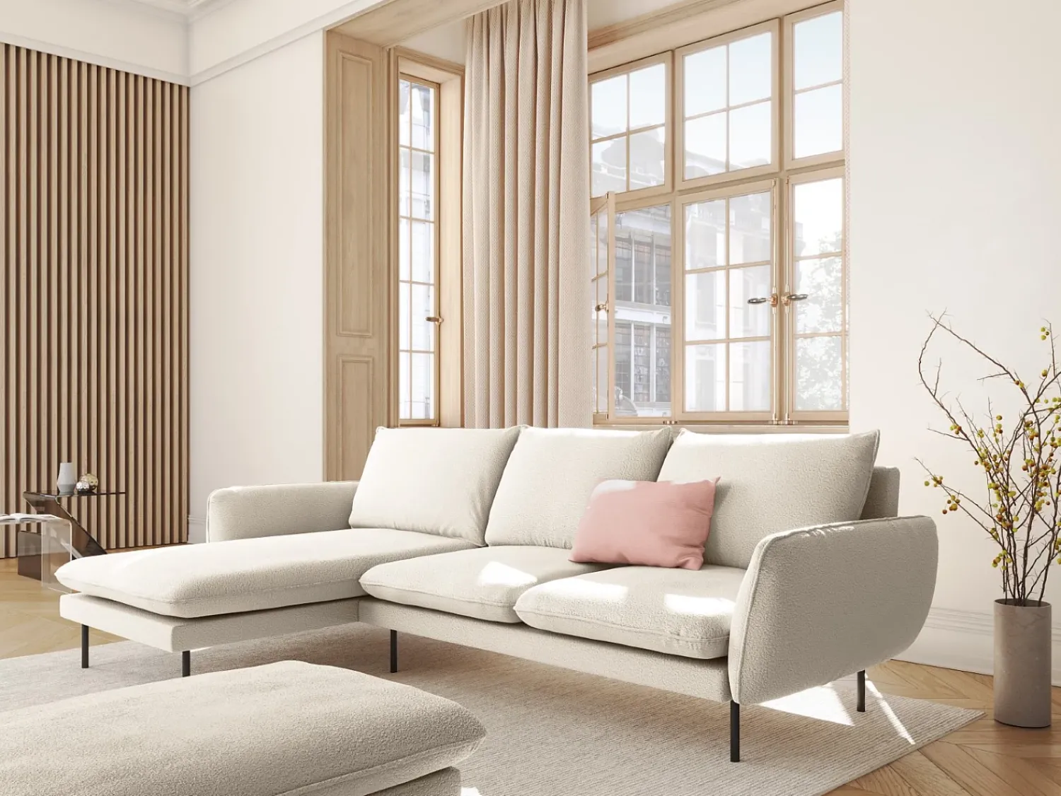 Sofá|Cosmopolitan Design - Sofá de canto esquerdo "Vienna" 5 lugares em tecido bouclé - 255x170x95cm Bege