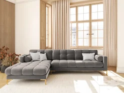 Cosmopolitan Design - Sofá de canto esquerdo "Bali" 5 lugares em veludo cinza claro - 293x185x75cm^ Sofá