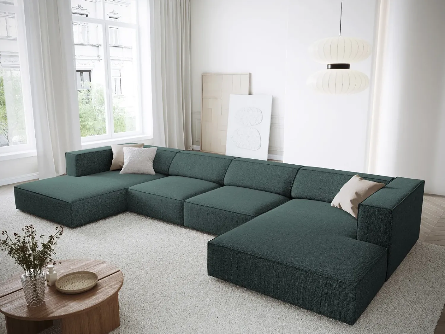Sofá|Cosmopolitan Design - Sofá panorâmico "Arendal" 6 lugares em tecido chenille petróleo - 364x166x70cm Verde esmeralda
