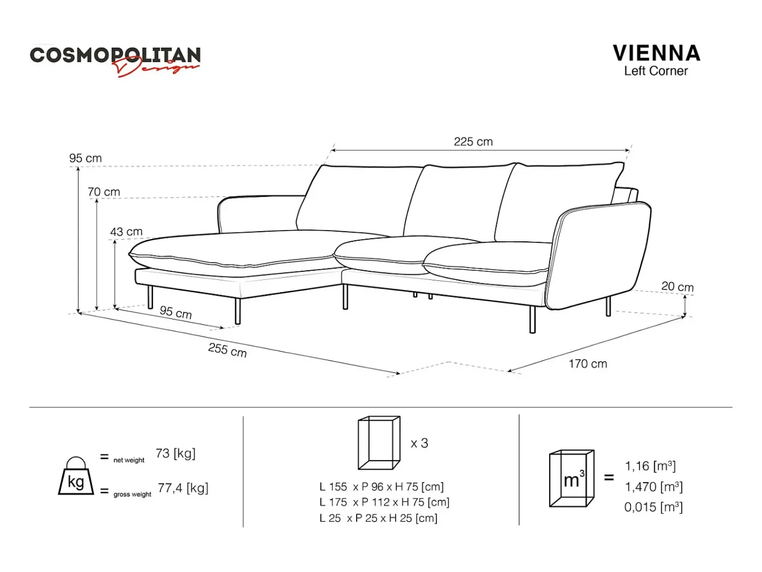 Sofá|Cosmopolitan Design - Sofá de canto esquerdo "Vienna" 5 lugares em tecido bouclé - 255x170x95cm Bege