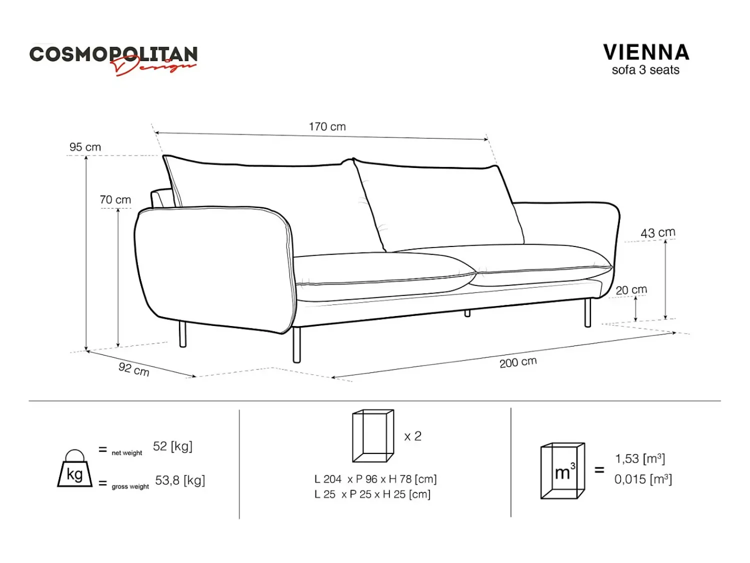 Clearance Cosmopolitan Design - Sofá "Vienna" 3 lugares em veludo cinza escuro - 200x92x95cm Cinza antracite