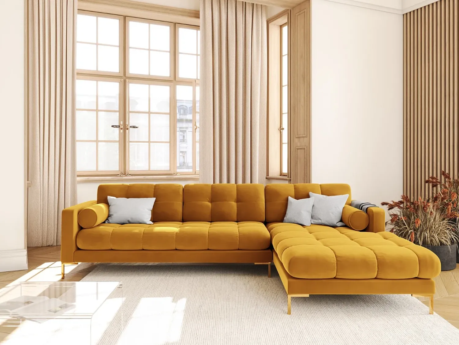 Sofá|Cosmopolitan Design - Sofá de canto direito "Bali" 5 lugares em veludo - 293x185x75cm Amarelo