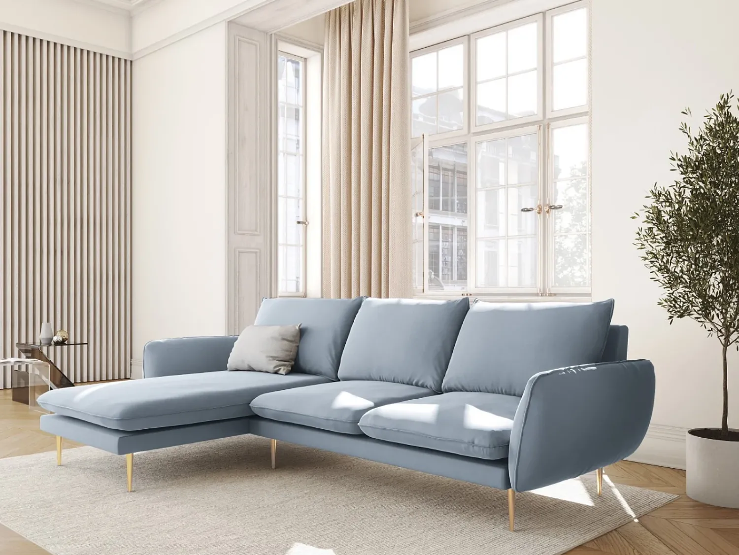 Sofá*Cosmopolitan Design - Sofá de canto esquerdo "Vienna" 5 lugares em veludo - 255x170x95cm Azul claro