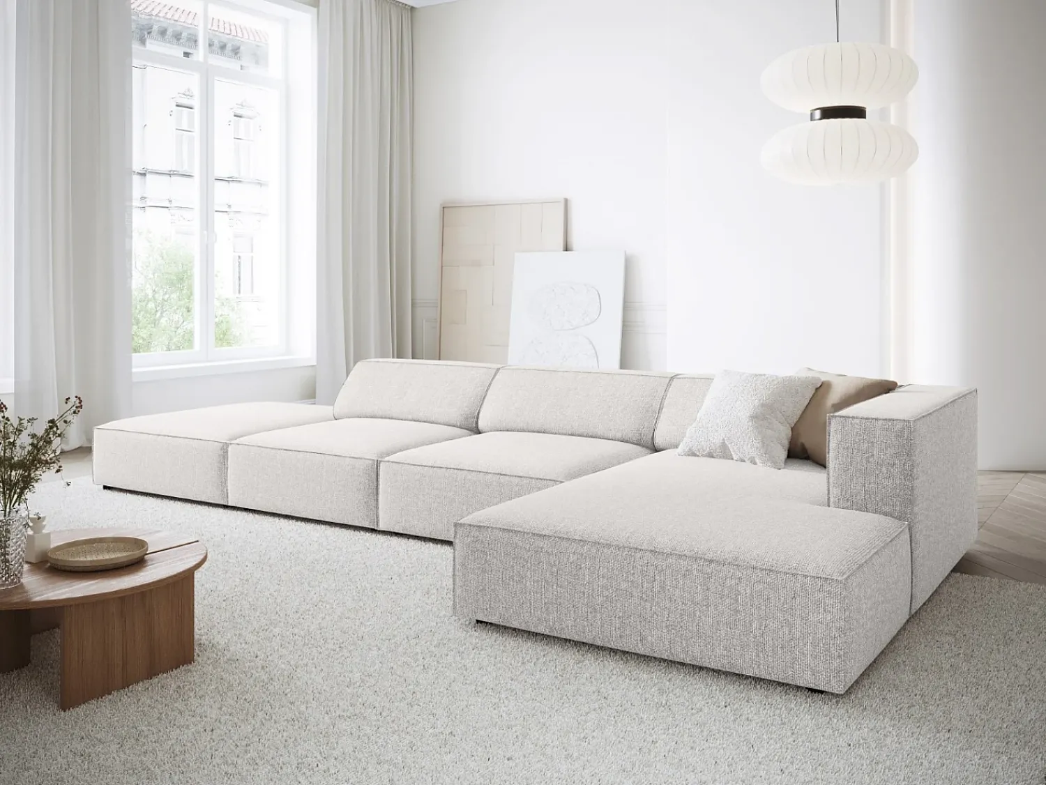 Sofá*Cosmopolitan Design - Sofá de canto direito "Arendal" 5 lugares em tecido chenille cinza claro - 341x166x70cm Cinzento claro