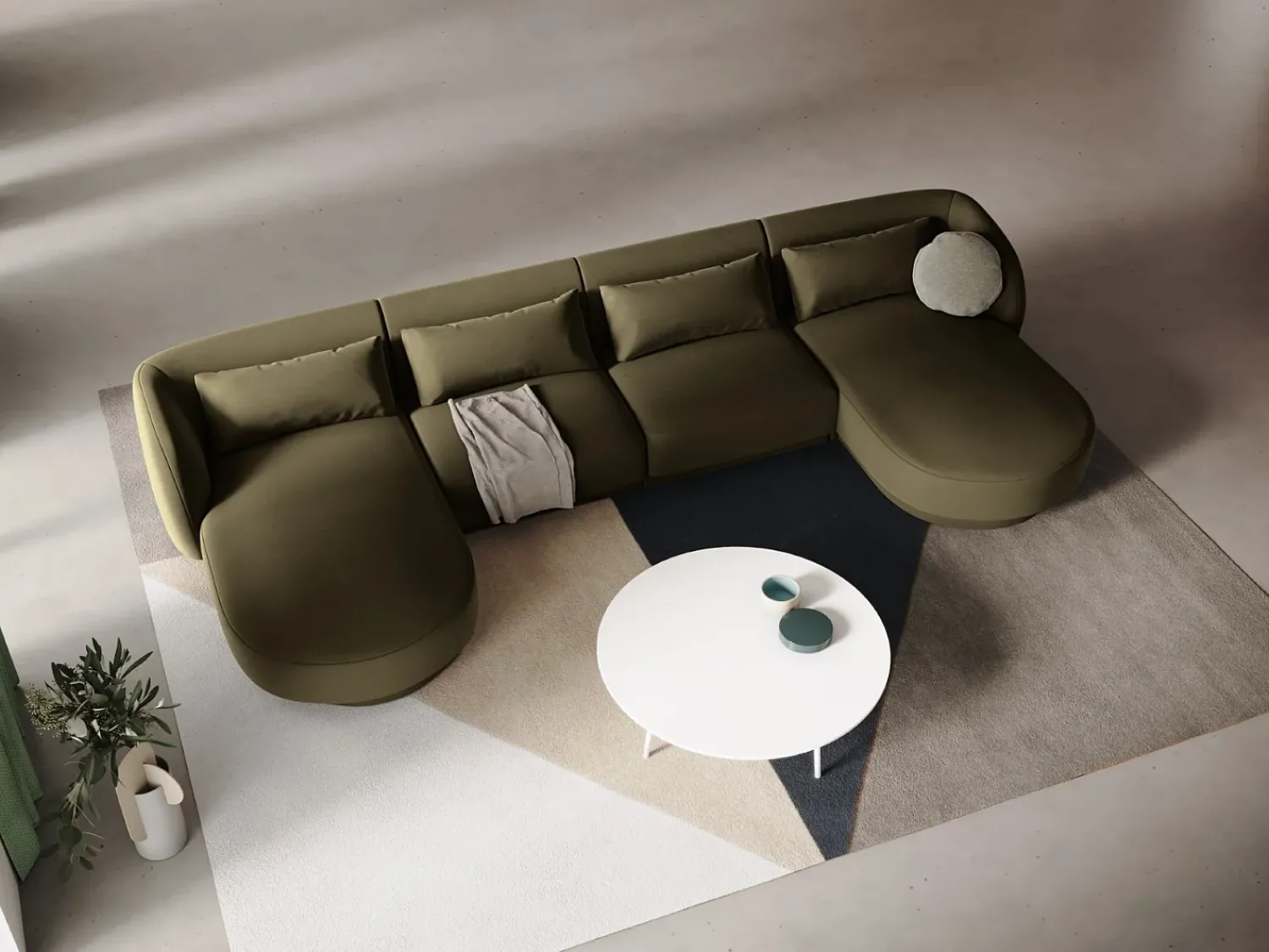 Sofá|Cosmopolitan Design - Sofá panorâmico "Tulum" 5 lugares em veludo - 330x156x70cm Verde