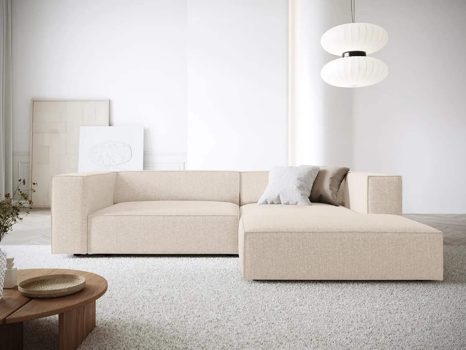 Sofá*Cosmopolitan Design - Sofá de canto direito "Arendal" 3 lugares em tecido chenille claro - 224x166x70cm Bege
