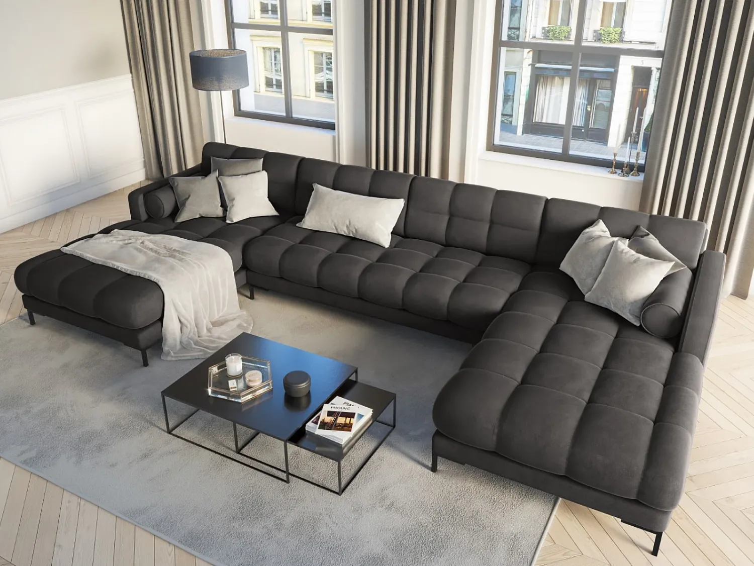 Sofá*Cosmopolitan Design - Sofá panorâmico "Bali" 7 lugares em veludo cinza escuro - 383x185x75cm Cinza antracite