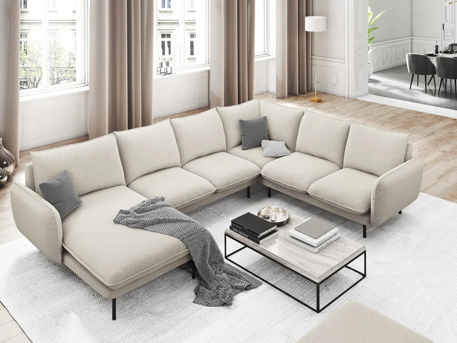 Sofá*Cosmopolitan Design - Sofá de canto direito panorâmico "Vienna" 7 lugares em tecido estrutural claro - 330x235x95cm Bege