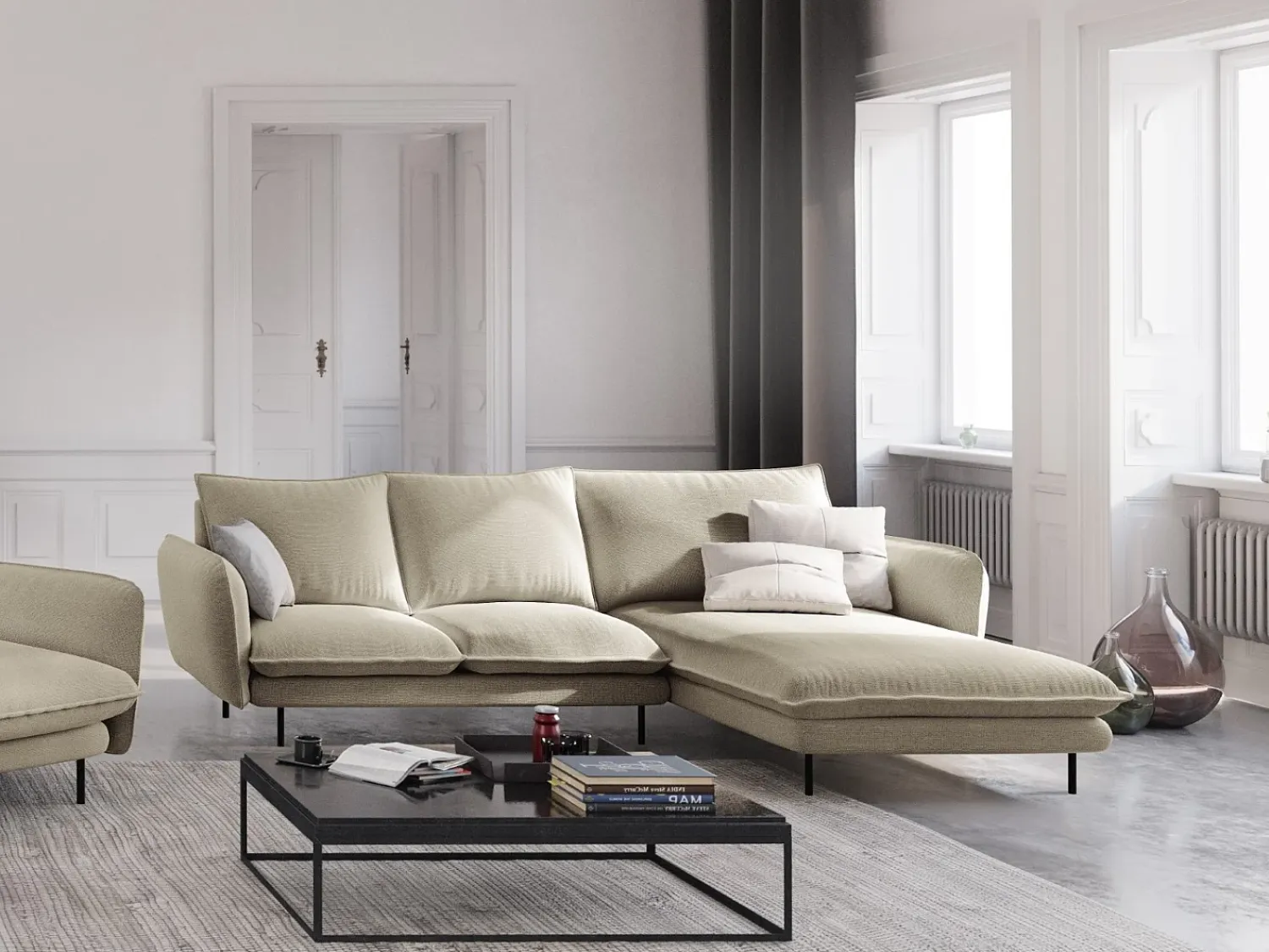 Sofá|Cosmopolitan Design - Sofá de canto direito "Vienna" 5 lugares em tecido estrutural - 255x170x95cm Bege
