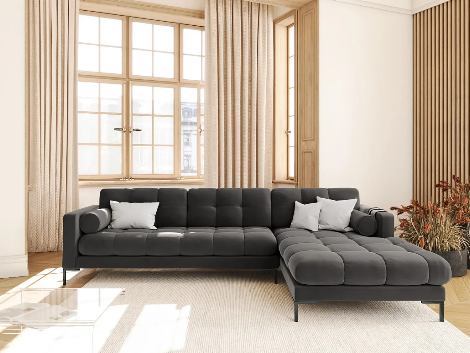 New Cosmopolitan Design - Sofá de canto direito "Bali" 5 lugares em veludo cinza escuro - 293x185x75cm Cinza antracite