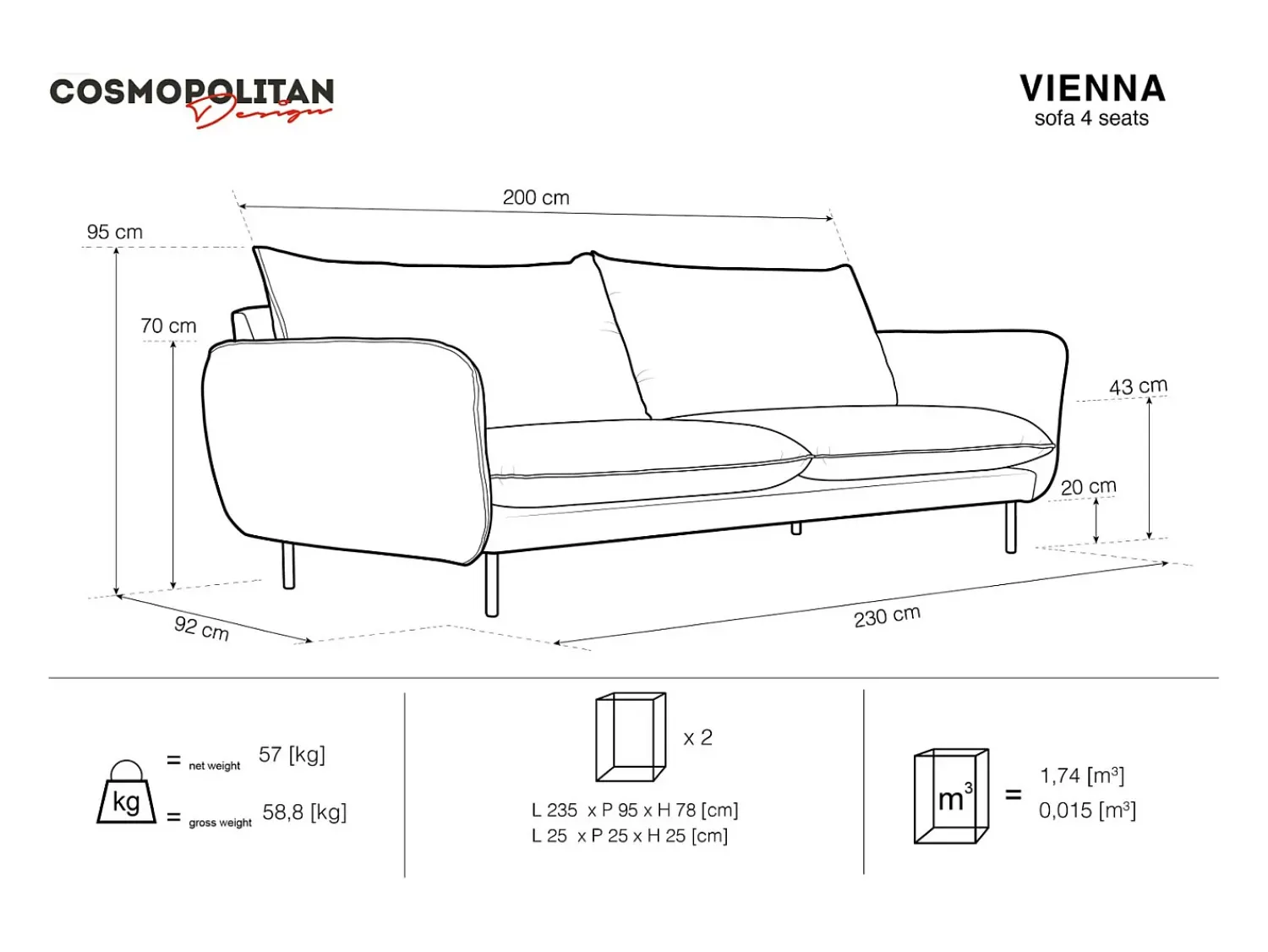 Cosmopolitan Design - Sofá "Vienna" 4 lugares em veludo cinza claro - 230x92x95cm^ Sofá