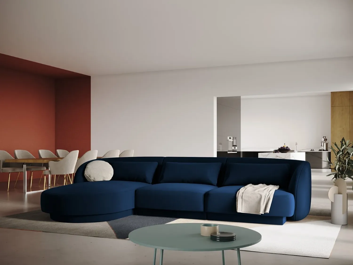 Sofá|Cosmopolitan Design - Sofá de canto esquerdo "Tulum" 4 lugares em veludo azul real - 255x156x70cm Azul escuro