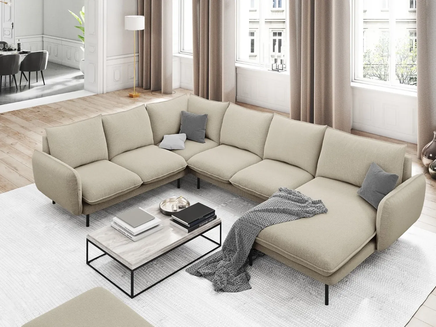 Sofá|Cosmopolitan Design - Sofá de canto panorâmico à esquerda "Vienna" 7 lugares em tecido estrutural - 330x235x95cm Bege