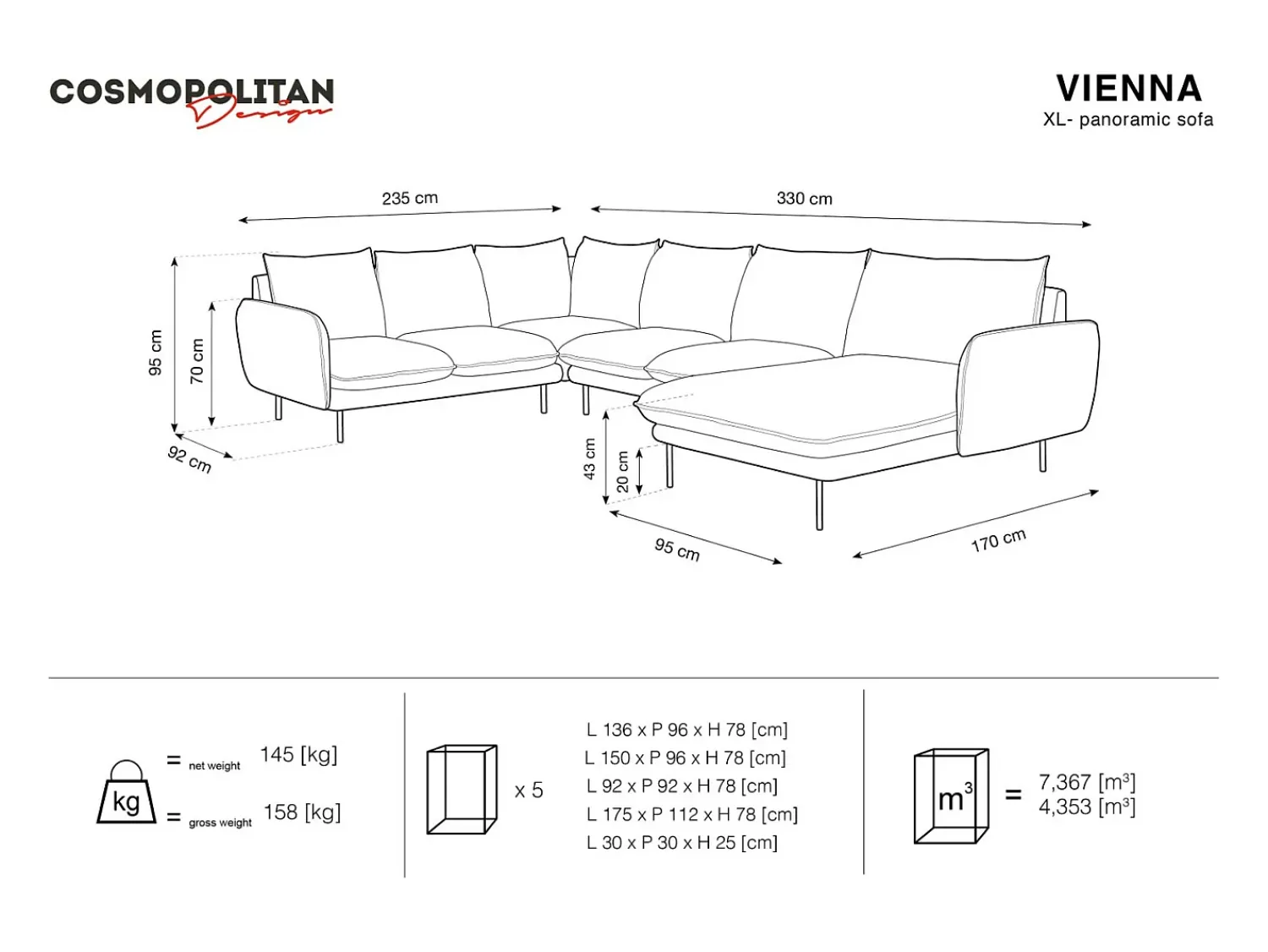 Sofá|Cosmopolitan Design - Sofá de canto panorâmico à esquerda "Vienna" 7 lugares em tecido estrutural - 330x235x95cm Bege