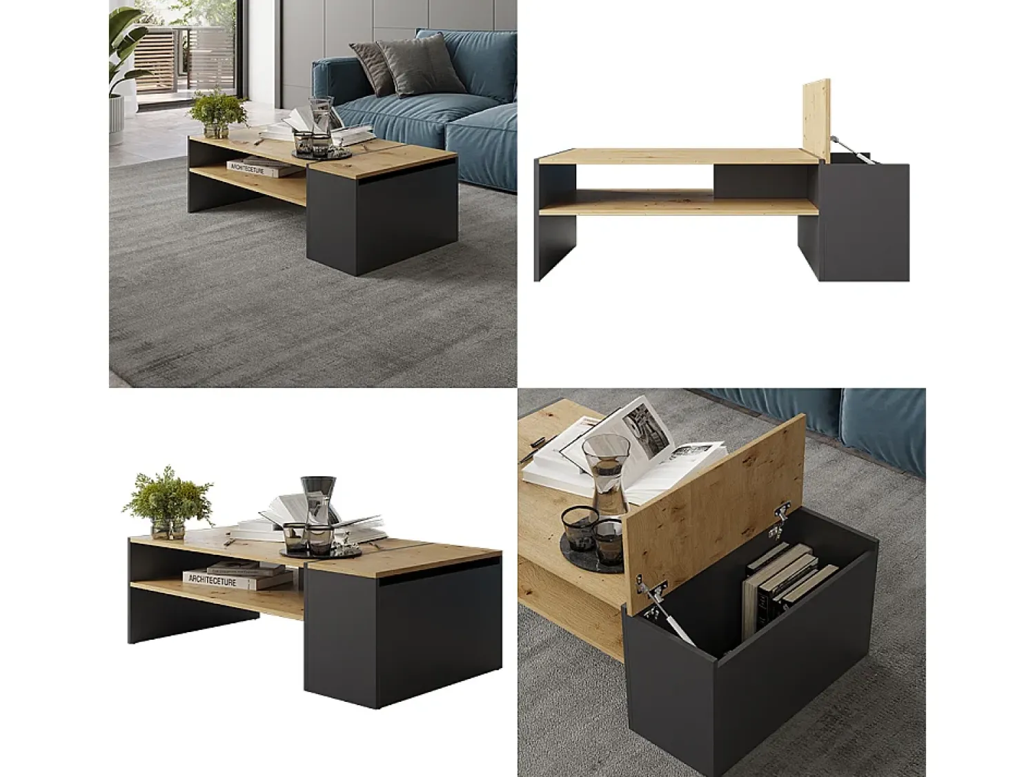 Mesa De Centro|Vicco Couchtisch carvalho artesanal/antracite 110x60x36 rubby Natural claro
