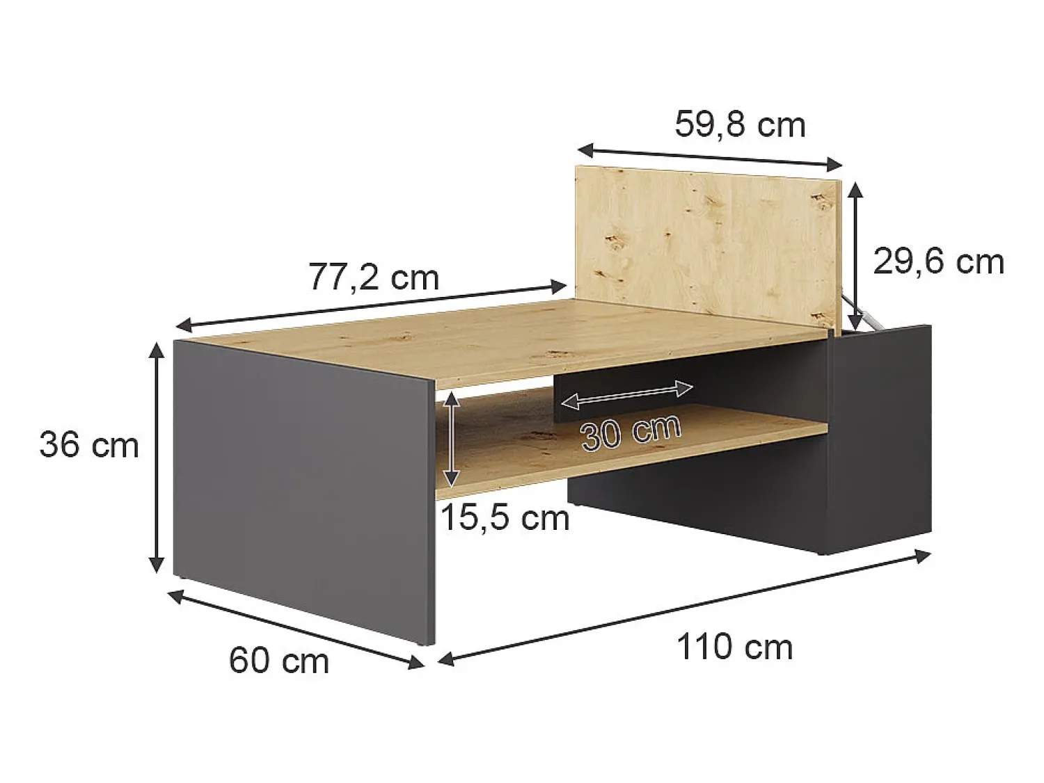 Mesa De Centro|Vicco Couchtisch carvalho artesanal/antracite 110x60x36 rubby Natural claro