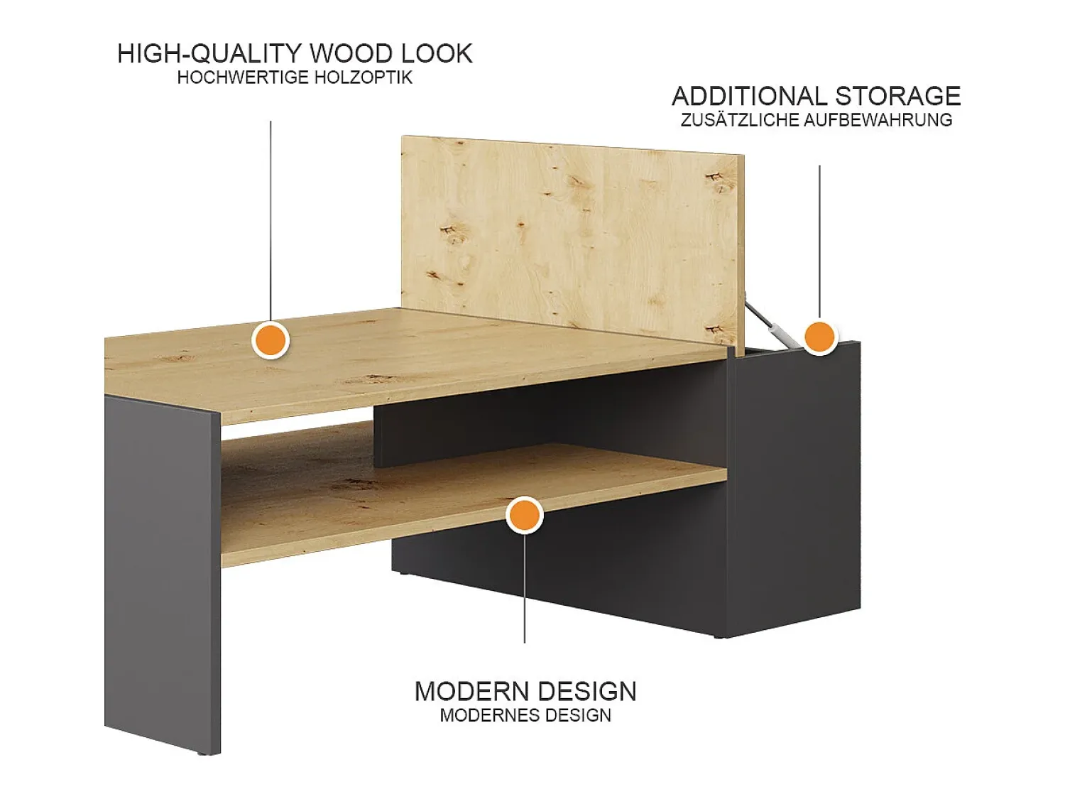 Mesa De Centro|Vicco Couchtisch carvalho artesanal/antracite 110x60x36 rubby Natural claro