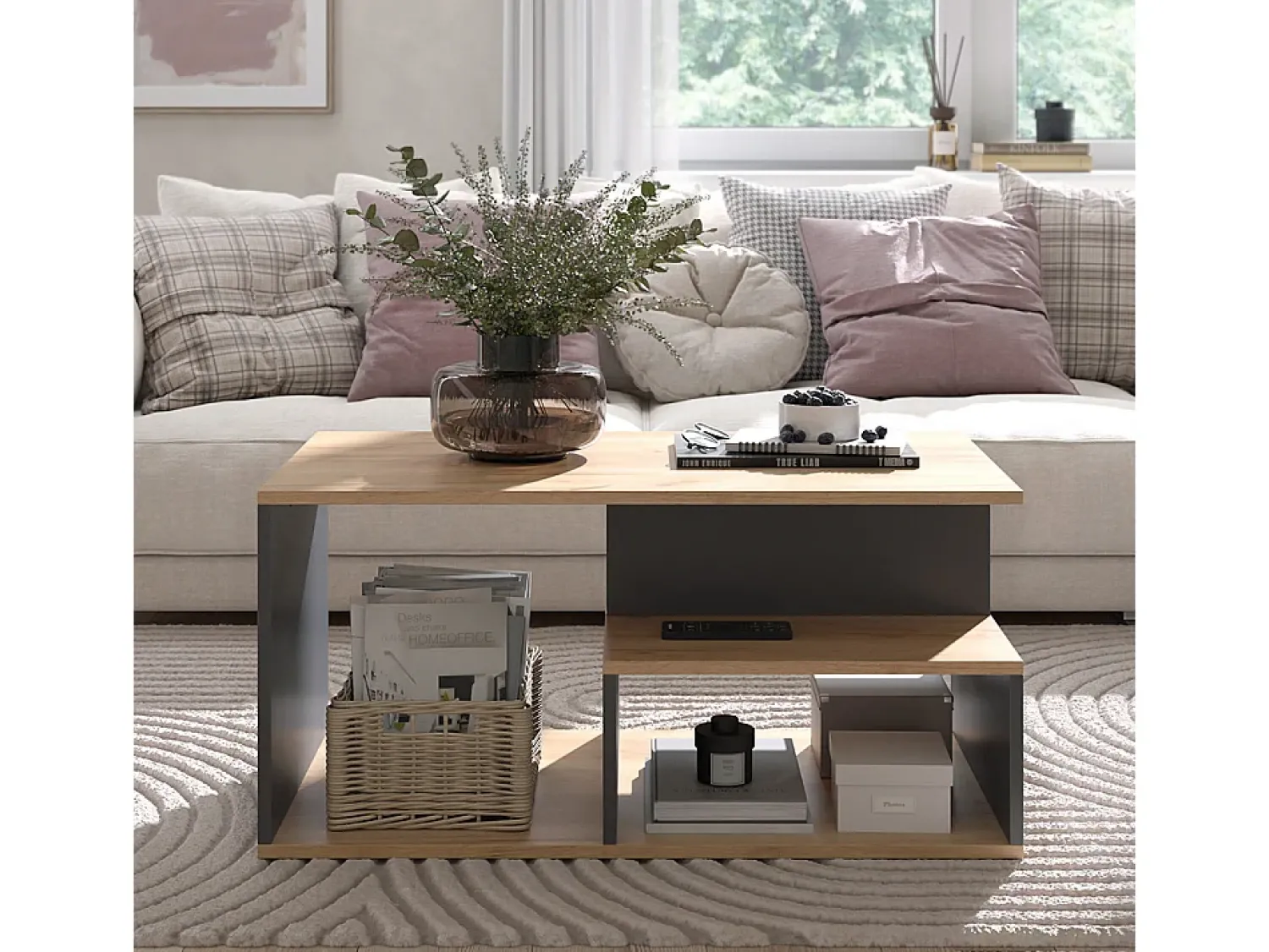 Mesa De Centro*Vicco Couchtisch carvalho goldkraft/antracite 90x49.4x43.8 hasso Natural escuro