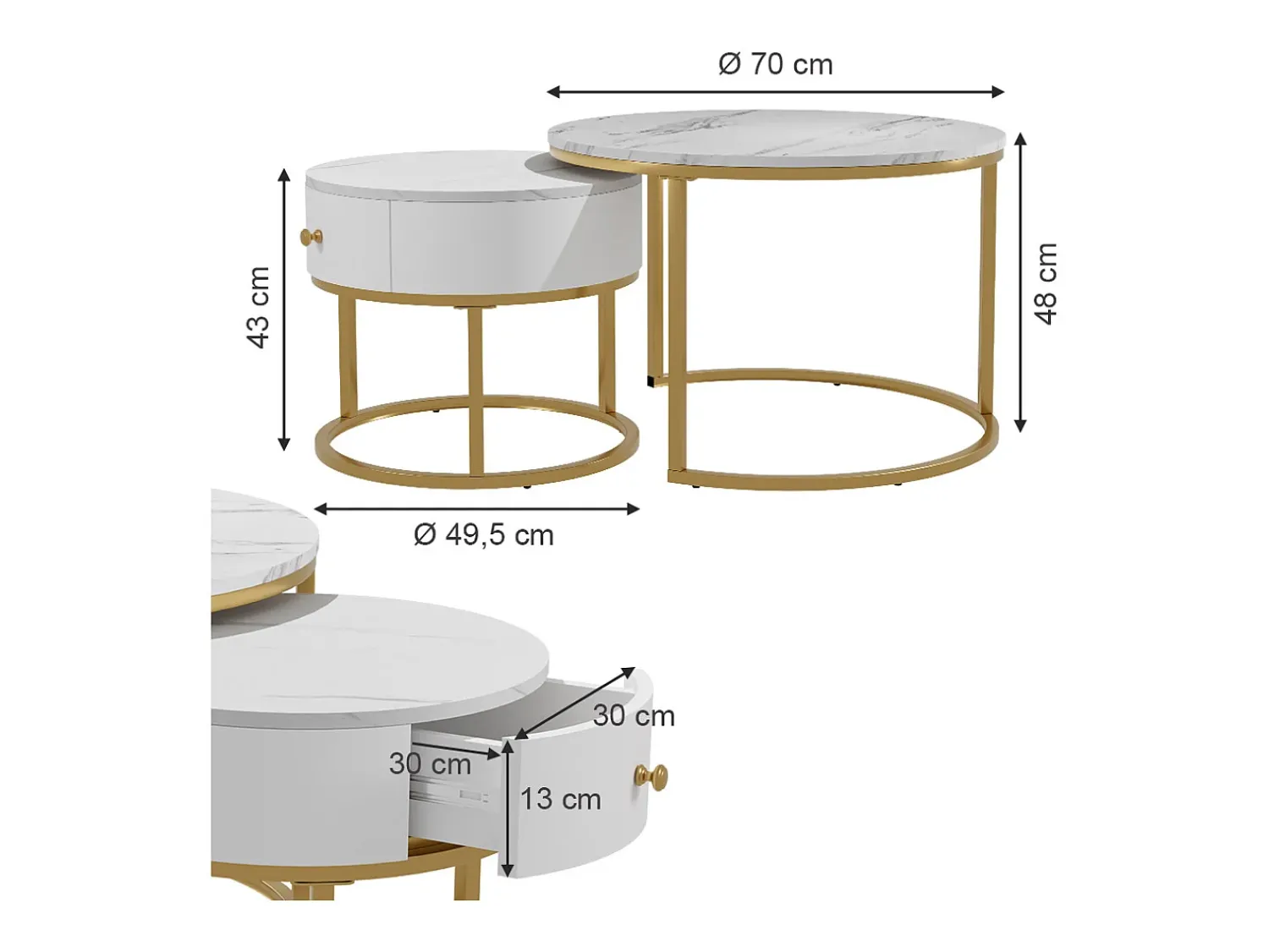 Mesa De Centro*Vicco Couchtisch-Set mármore 70x70x48 madrid Branco