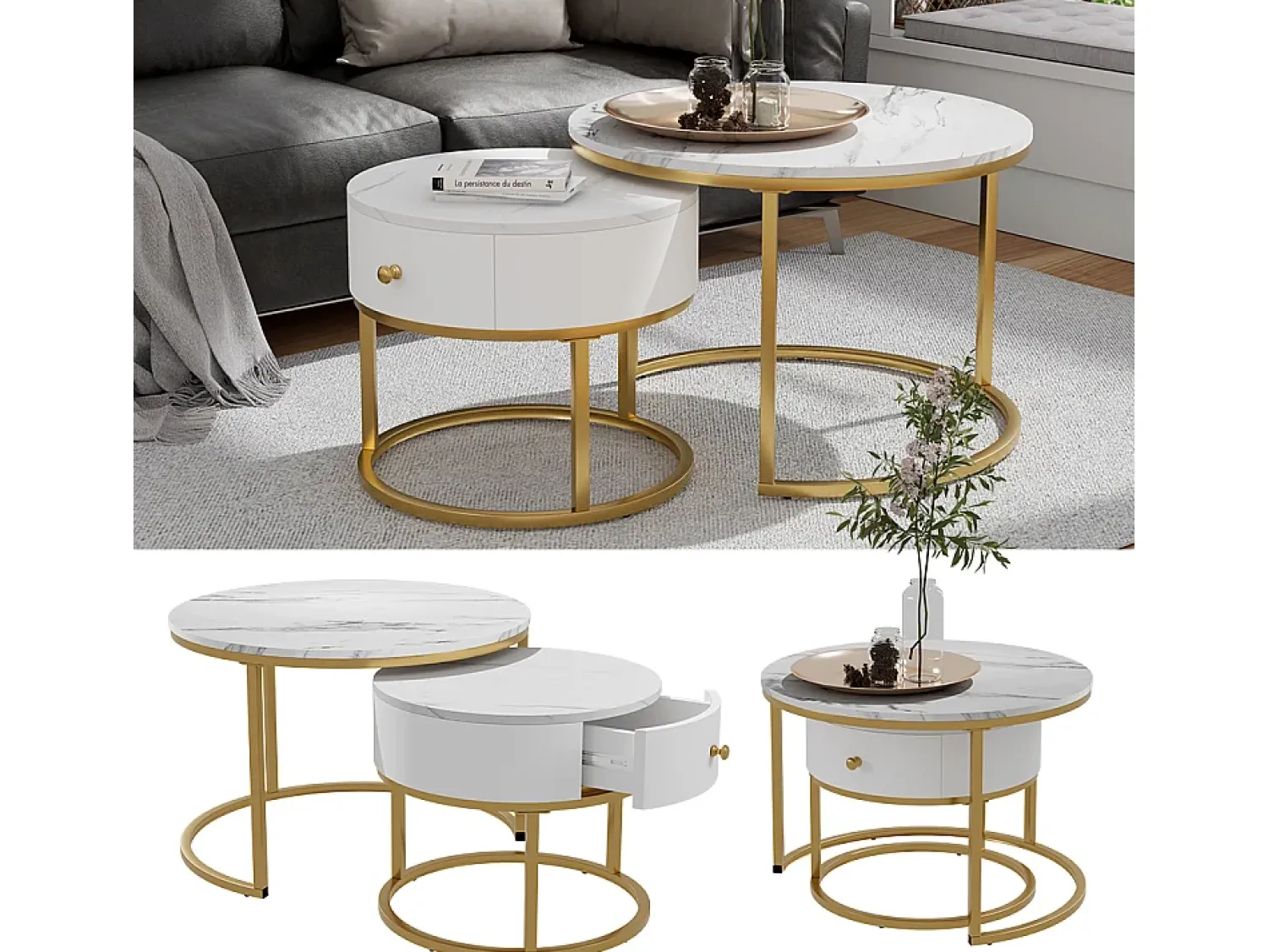 Mesa De Centro*Vicco Couchtisch-Set mármore 70x70x48 madrid Branco