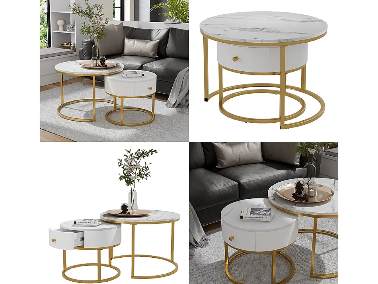 Mesa De Centro*Vicco Couchtisch-Set mármore 70x70x48 madrid Branco