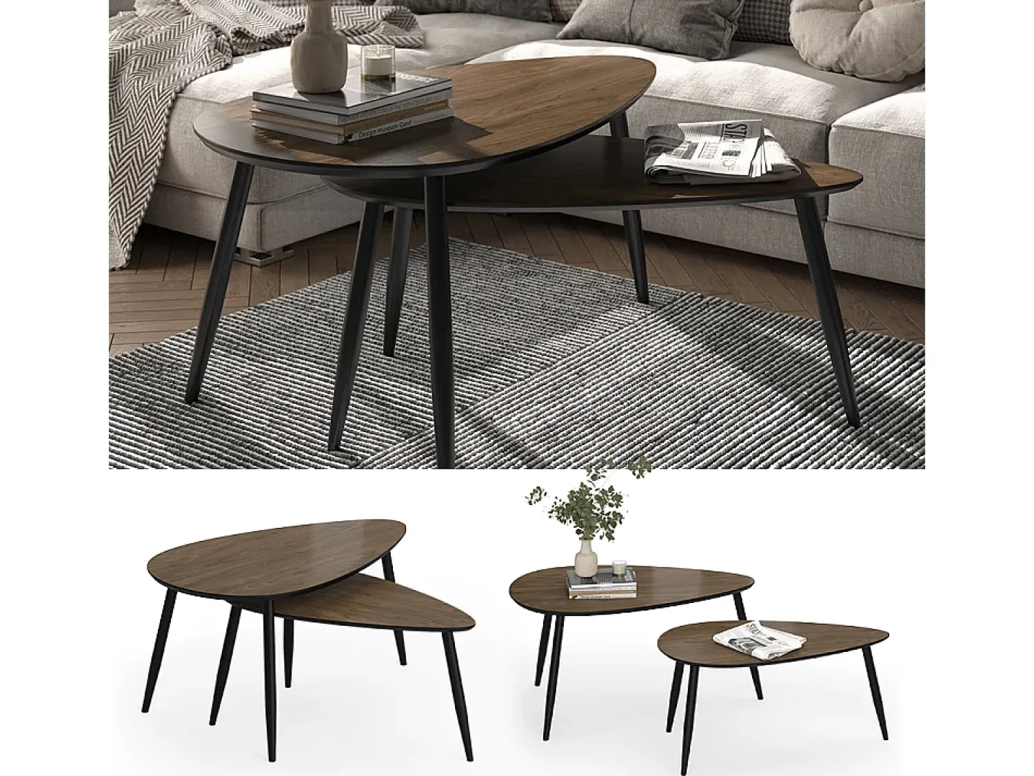 Mesa De Centro|Vicco Couchtisch-Set nogueira/preto 98x60x48 veyo Natural escuro