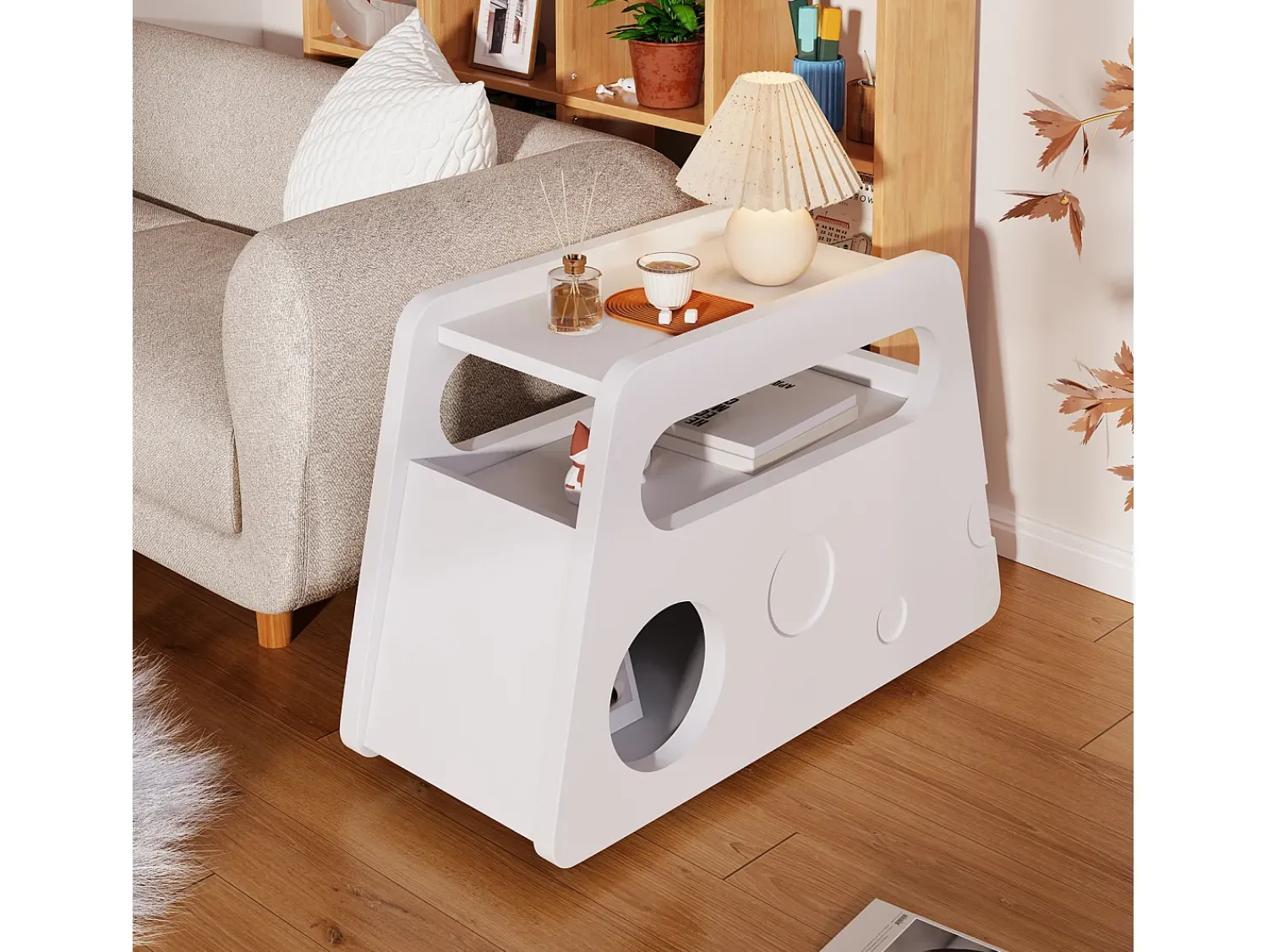 Mesa De Centro* Credenza, tavolino moderno bianco con ruote, design arrotondato sicuro (81x33x51,5 cm) Branco