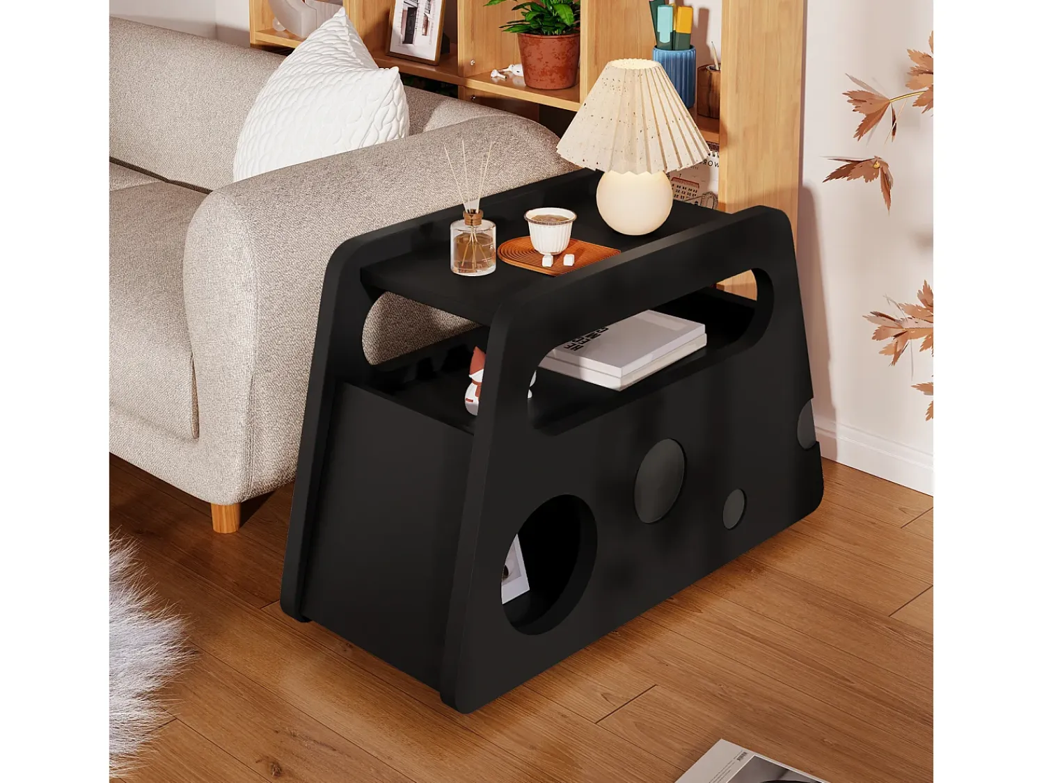 Discount Credenza, tavolino moderno nero con ruote, design arrotondato sicuro (81x33x51,5 cm) Preto