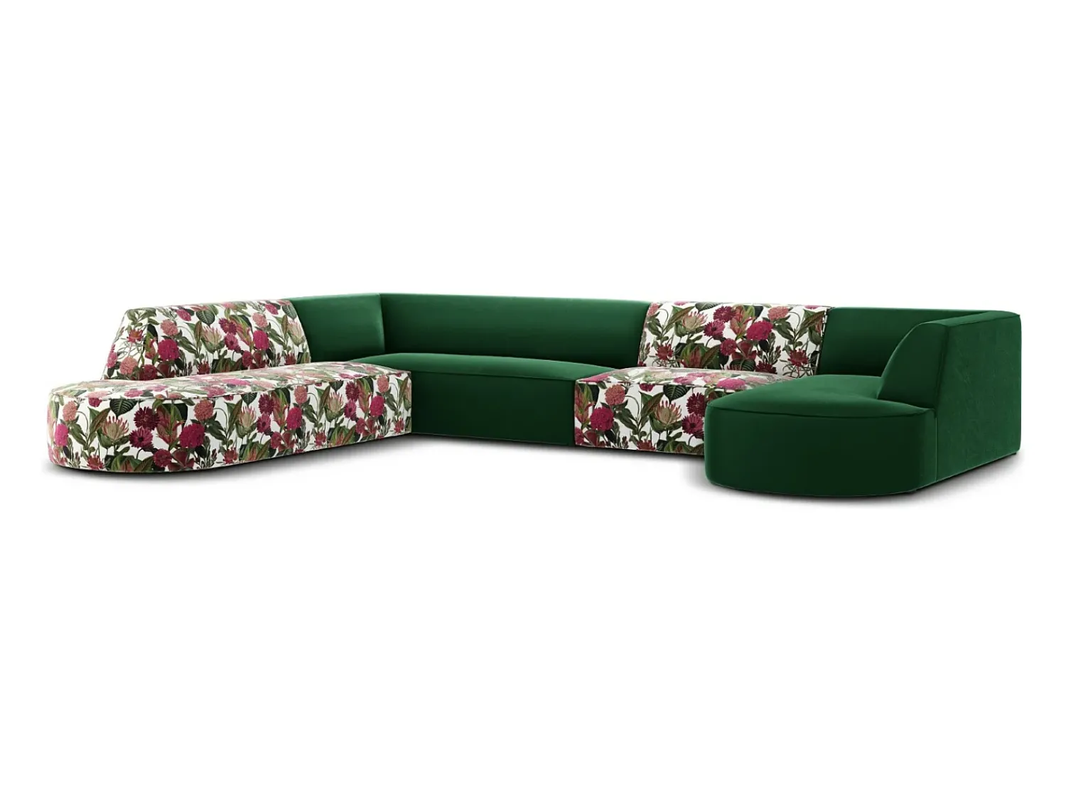 Hot CXL by Christian Lacroix - Sofá de canto panorâmico à esquerda "Charles" 7 lugares em veludo padrão de rosas de jardim, verde - 366x273x69cm Multicor