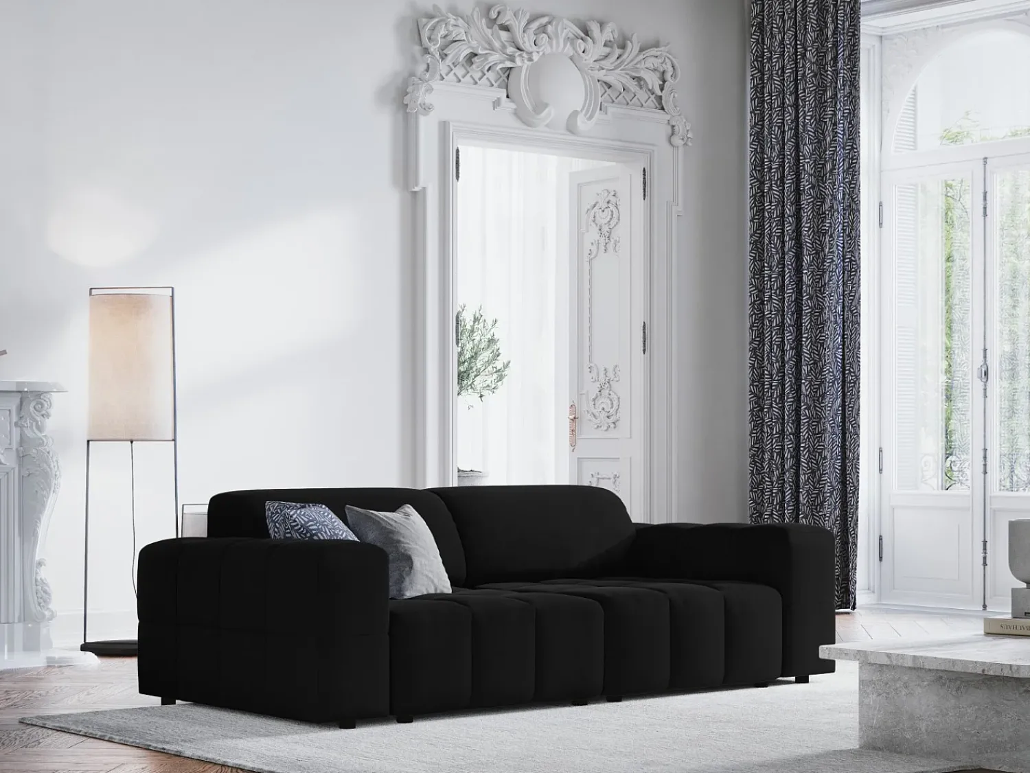 Sofá|CXL by Christian Lacroix - Sofá "Luc" 3 lugares em veludo - 204x102x70cm Preto